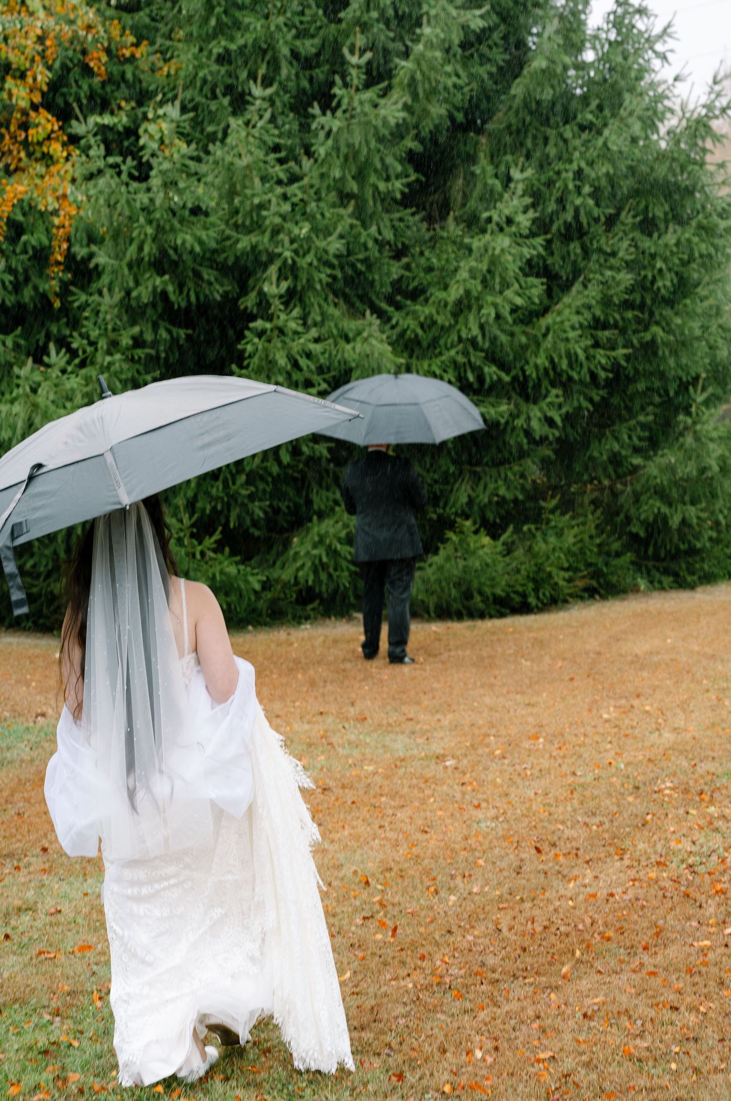 Wedding couple with black umbrella walking through autumn leaves in outdoor garden setting.