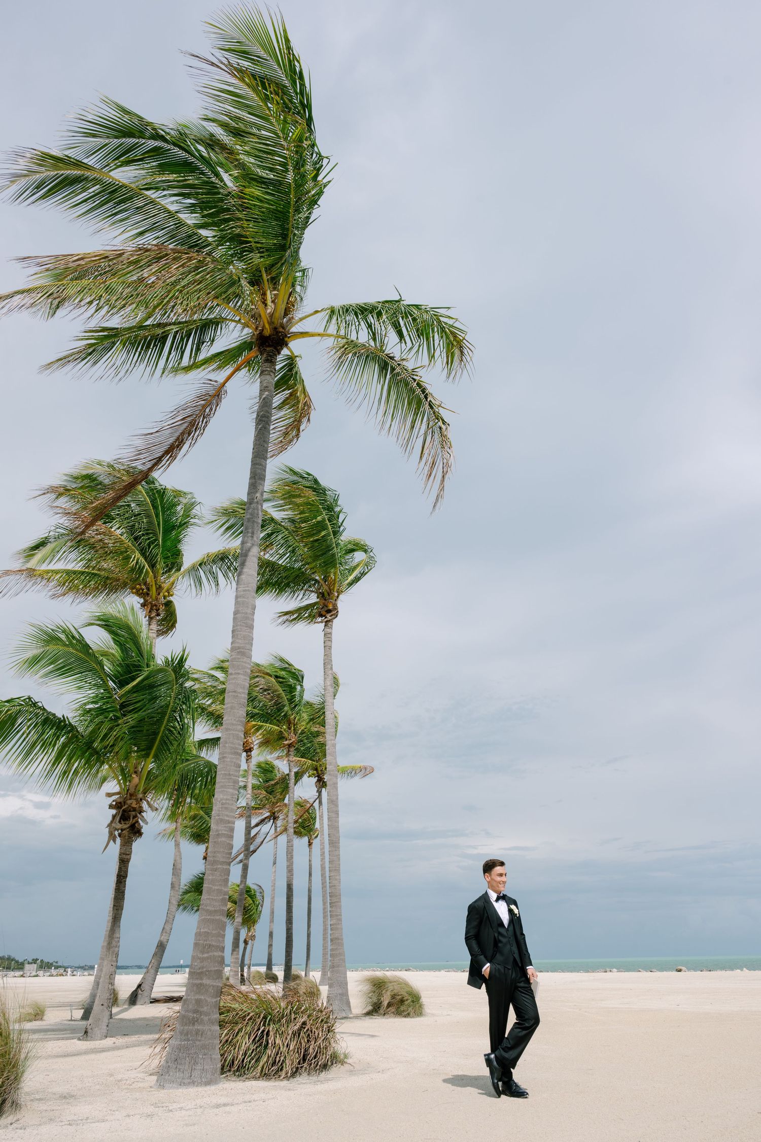 Groom in black tuxedo standing on sandy beach with tall palm trees swaying in the wind.