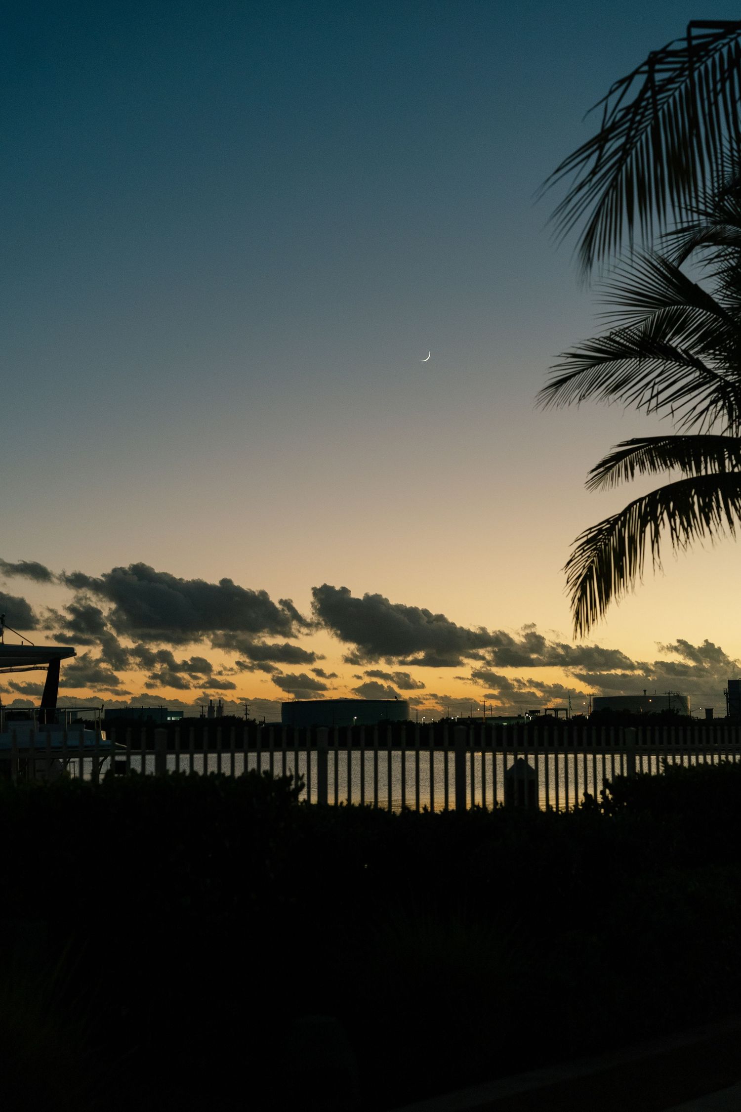 Dramatic sunset silhouette of palm trees and buildings against a cloudy sky with warm golden light.