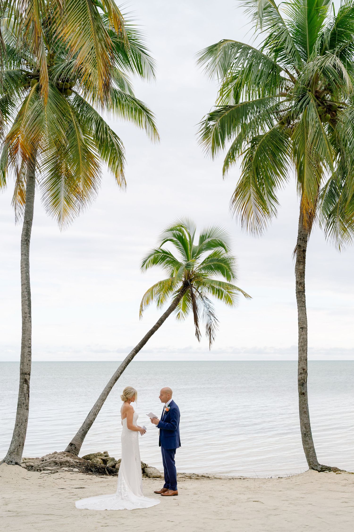 Palm trees line a pristine beach where a couple shares an intimate moment by the ocean.