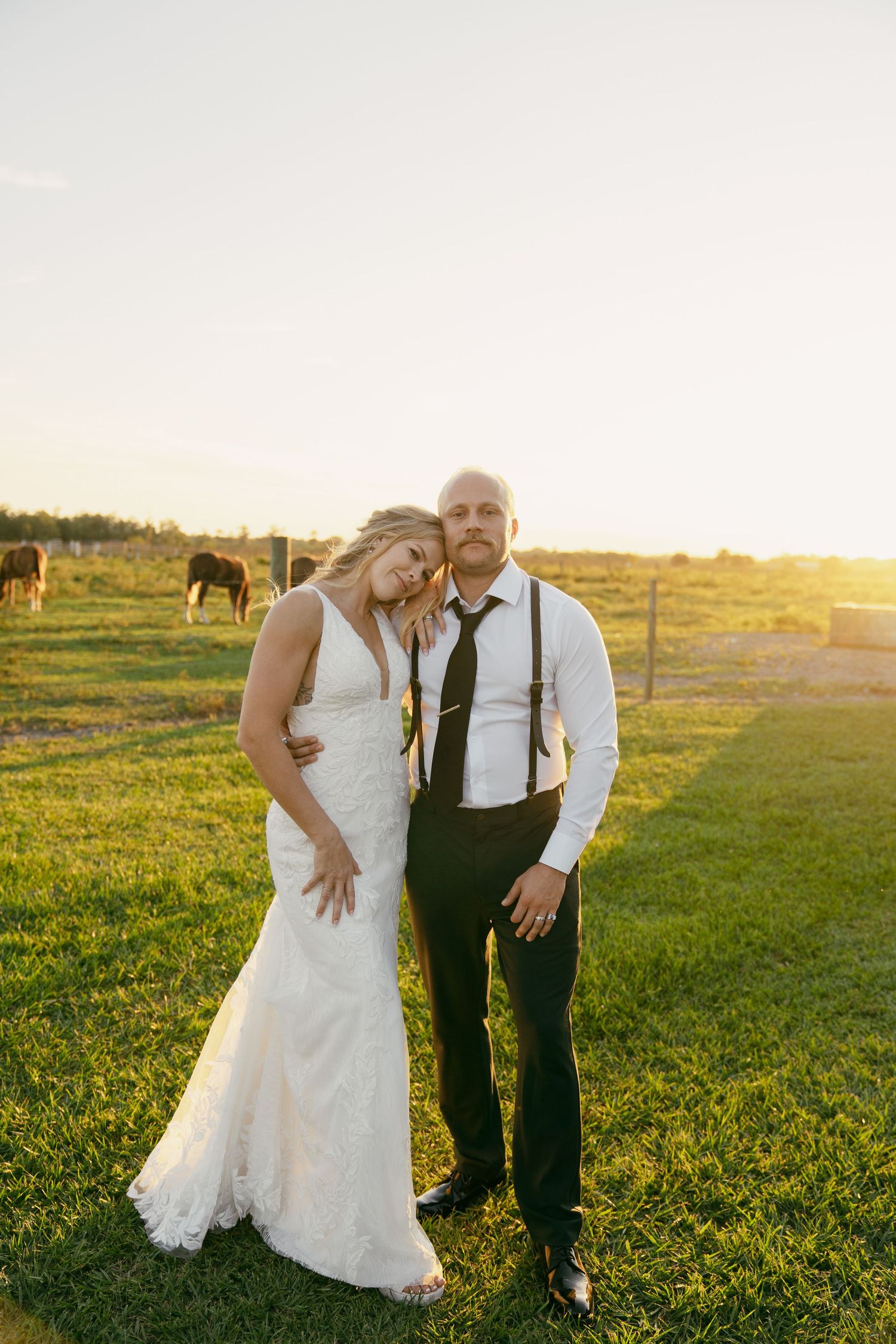 Newlyweds pose together in a sunset field with horses grazing in the background.