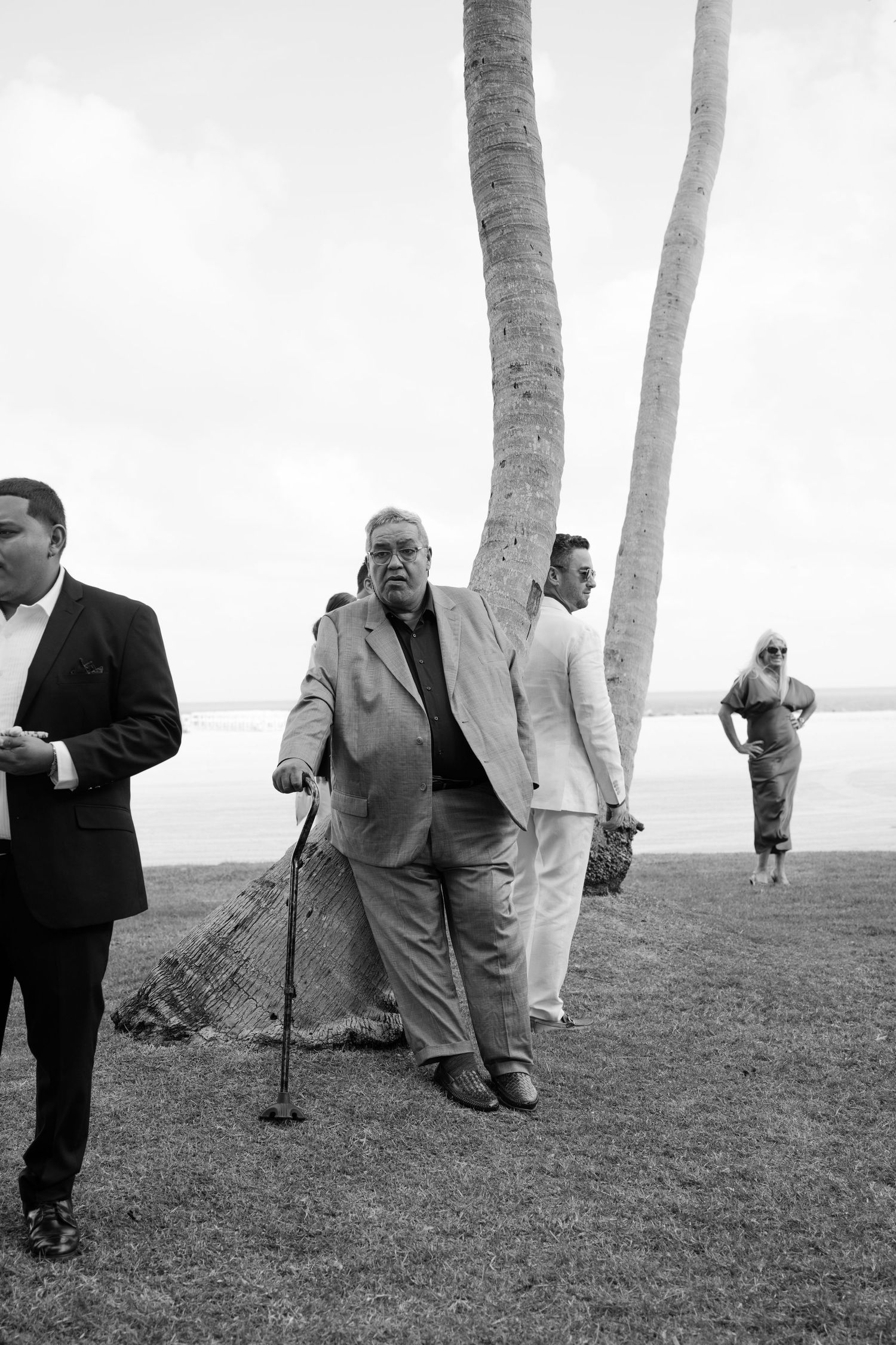 Black and white photo of wedding guests standing near palm trees by a waterfront venue.