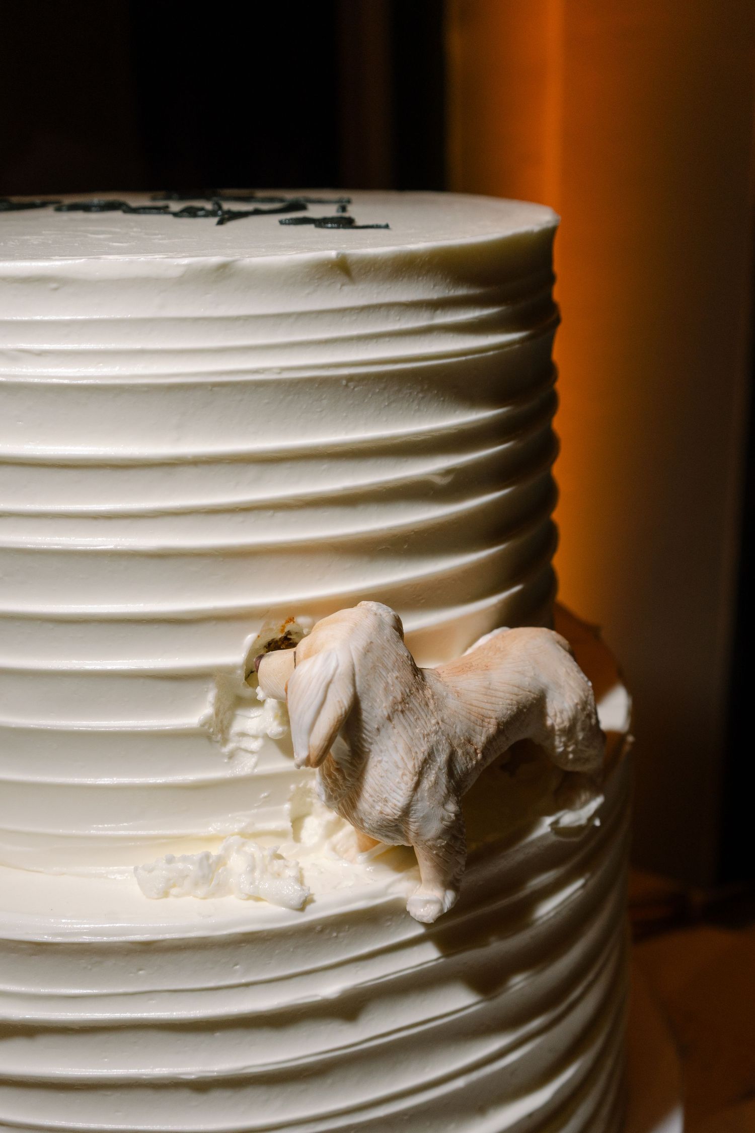 Close-up detail of a white wedding cake with horizontal textured lines and decorative elements.
