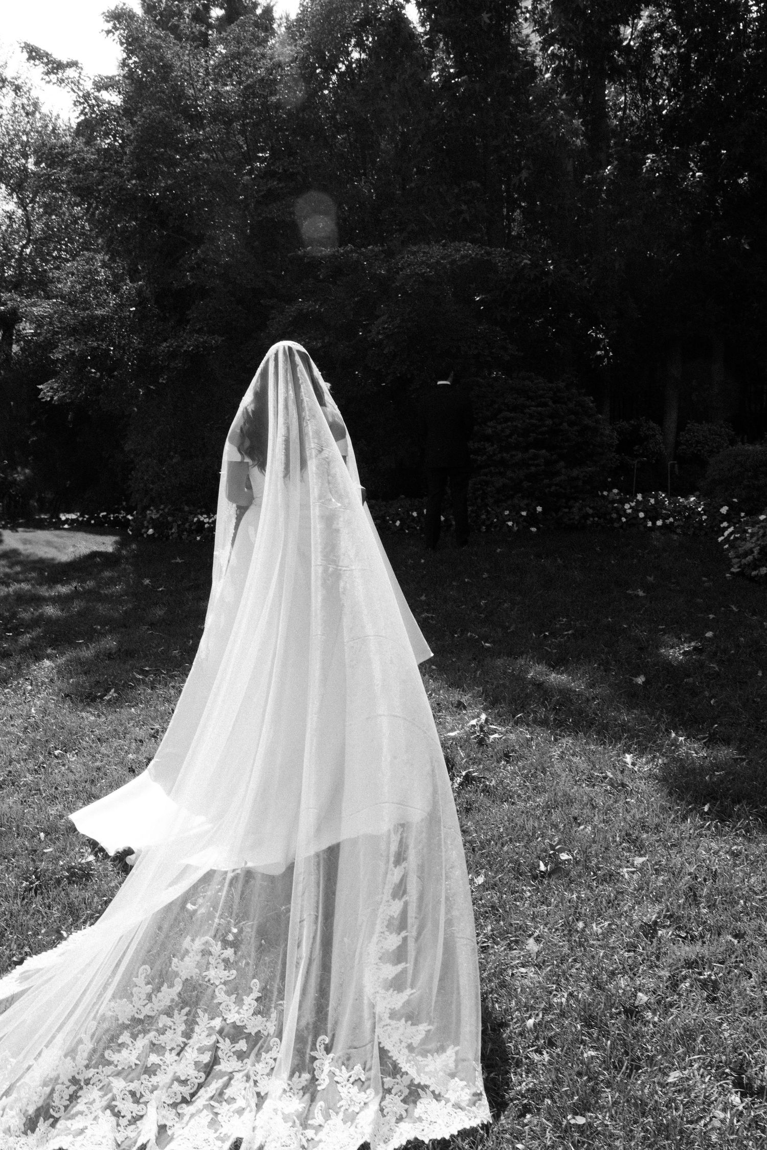 Flowing white wedding veil laid out on grass in black and white photography.