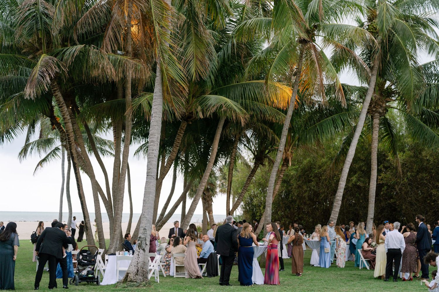 Outdoor tropical beach wedding reception under tall palm trees at dusk with elegantly dressed guests gathered.