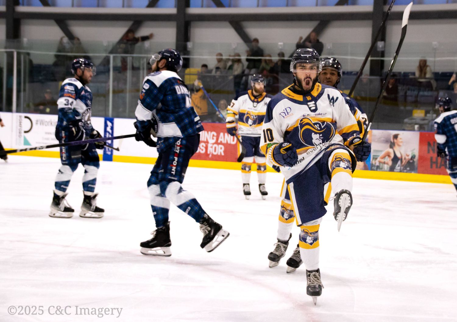 Hockey players in navy and yellow uniforms skate during competitive match.