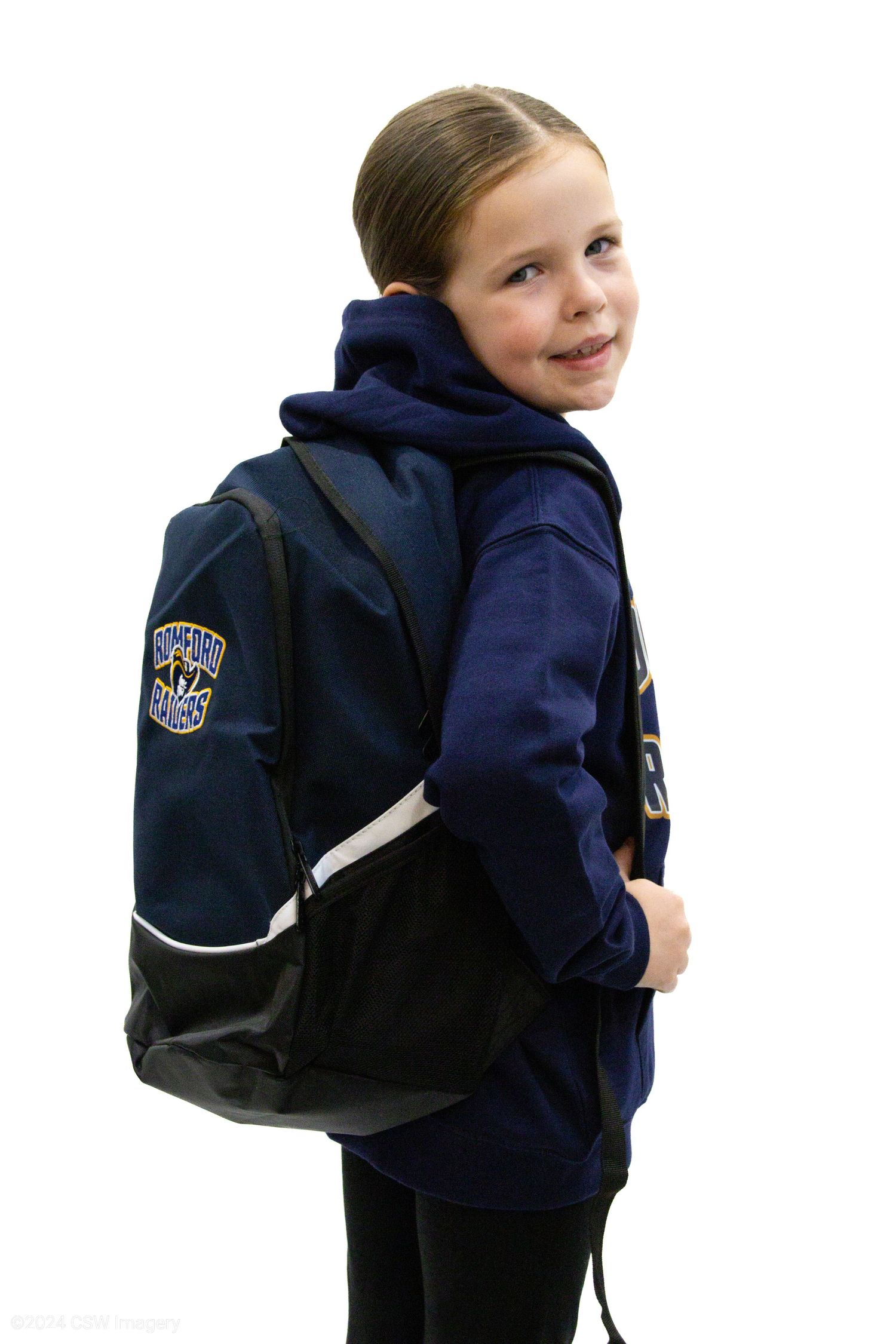 Young hockey fan wearing a navy blue backpack with team logo shows different angles of the bag.