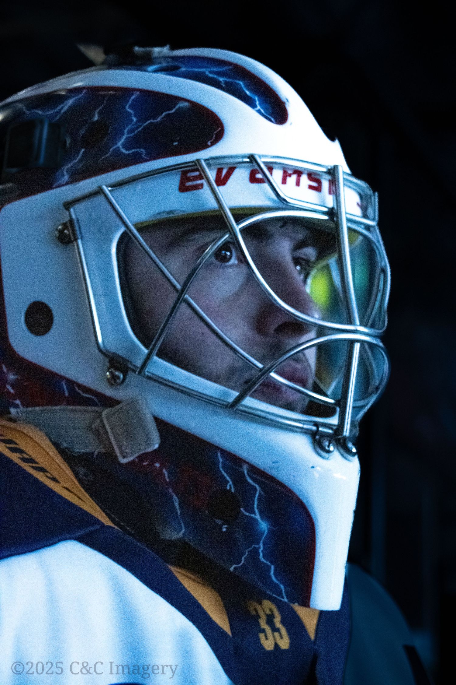 White hockey goalie mask with blue lightning bolt design detail shown from multiple angles.