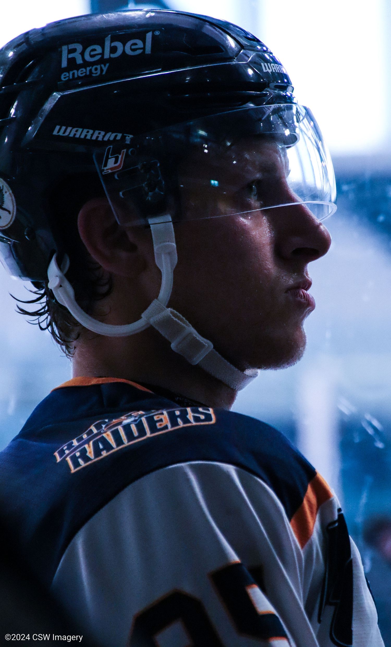 Profile view of hockey players on the bench wearing black helmets with visors.