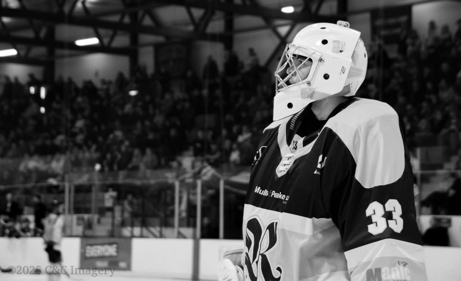 Black and white hockey action photos showing players in various game situations on the ice rink.