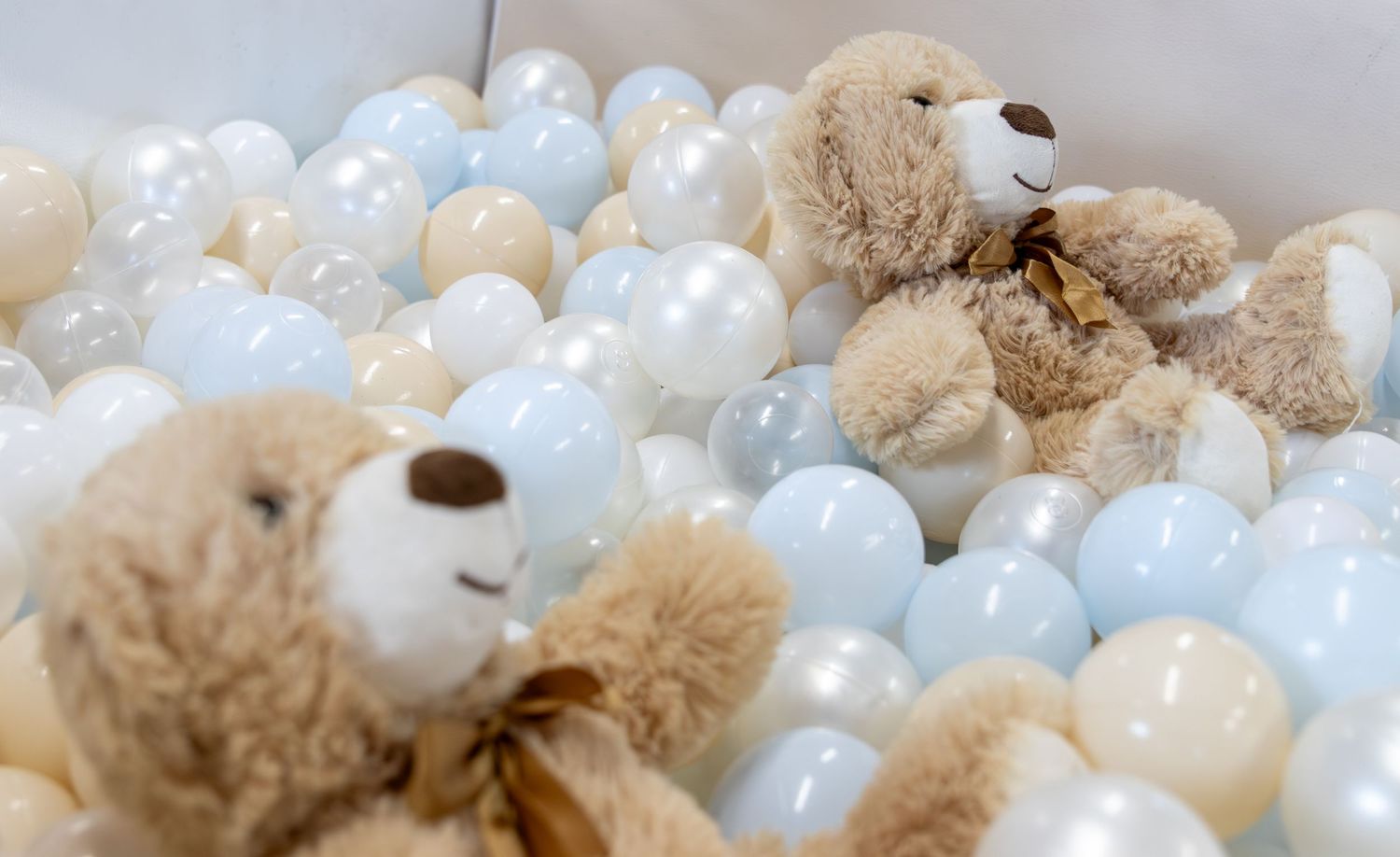 Two brown teddy bears sitting in a ball pit filled with white and light blue plastic balls.