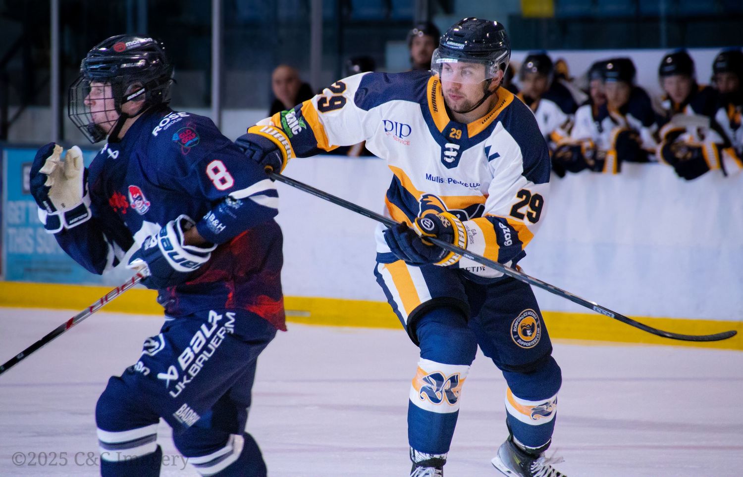 Professional hockey players in blue and yellow uniforms compete during an intense match.