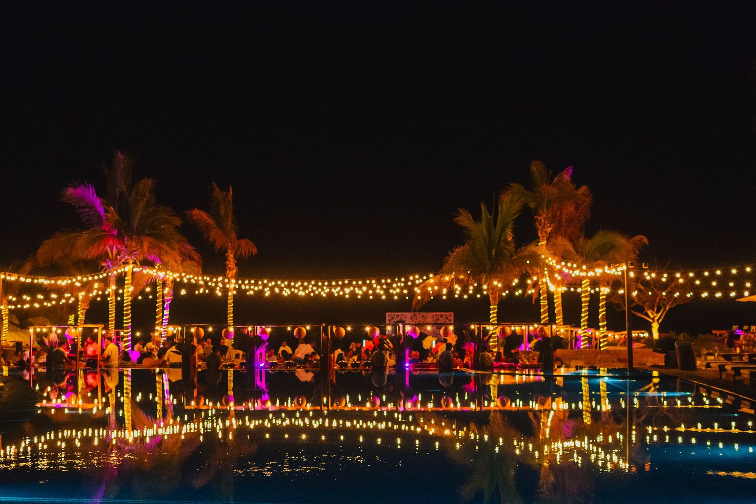 Illuminated palm trees and string lights create a magical tropical nighttime atmosphere at an outdoor venue.