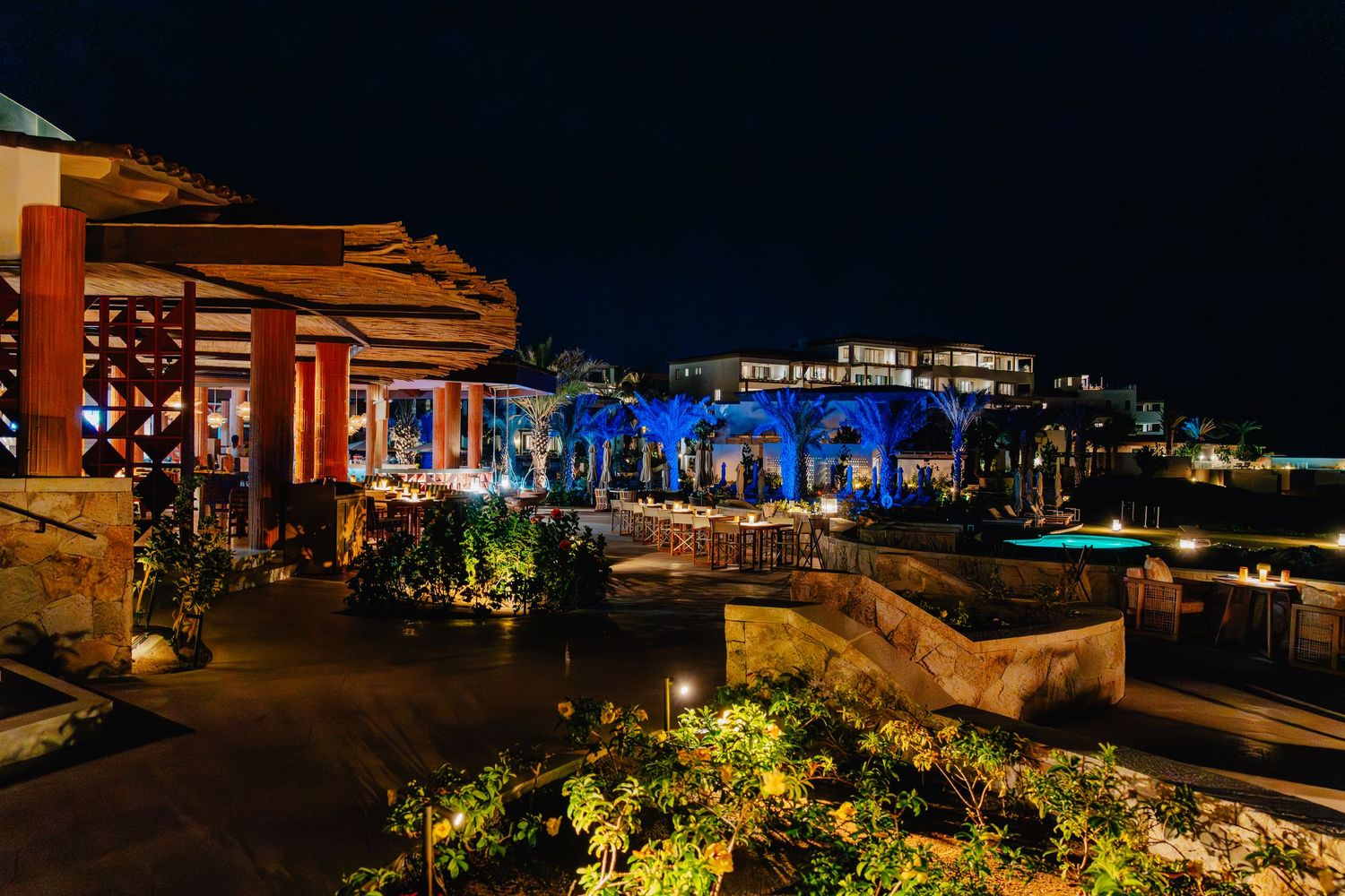 Night view of illuminated resort restaurant with blue lighting and landscaped gardens.