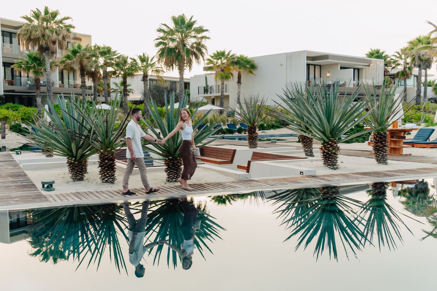 Modern desert resort featuring palm trees and contemporary architecture with clean lines.