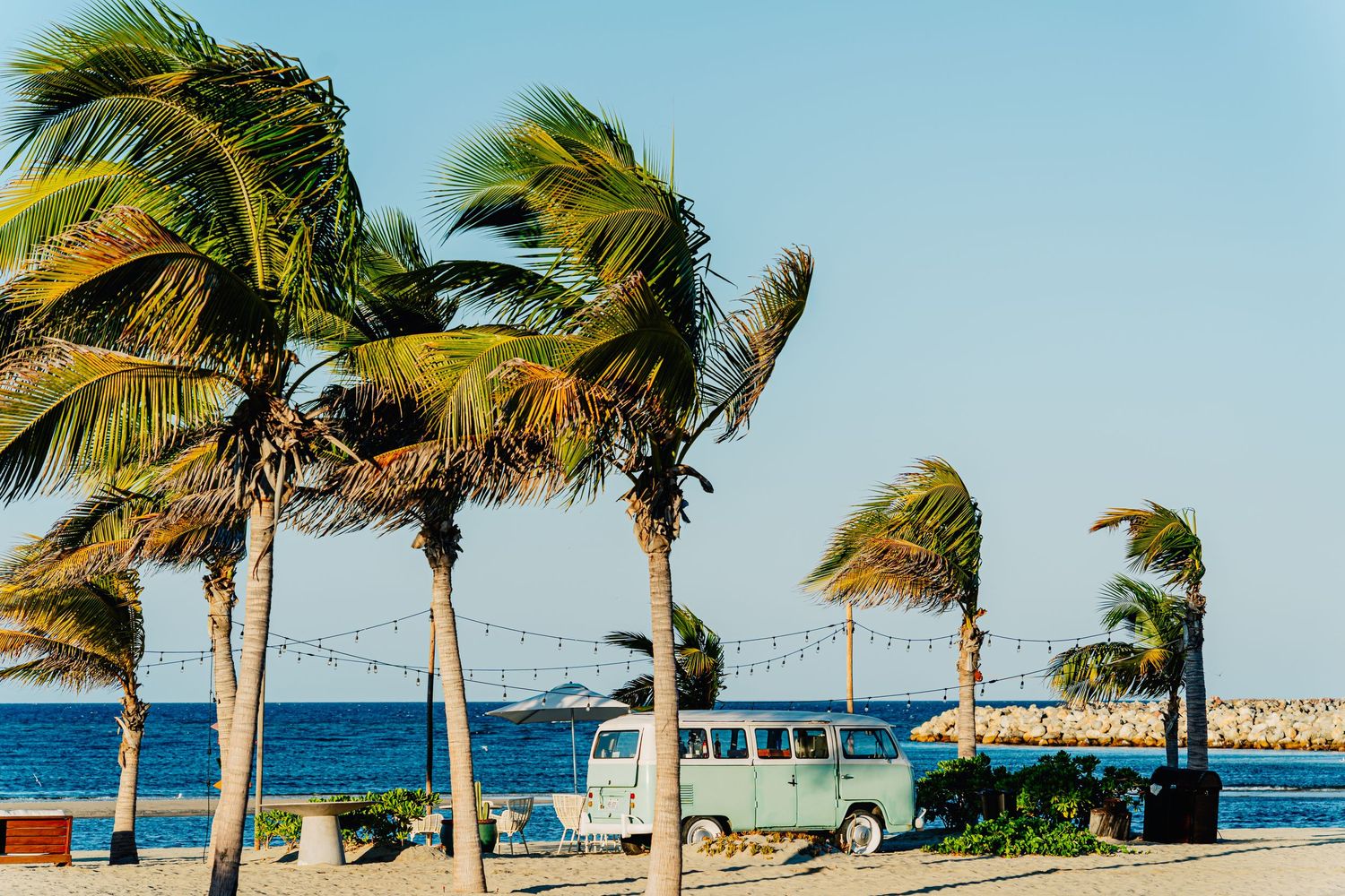 Palm trees sway in the breeze along a tropical beachfront with turquoise waters and clear blue skies.
