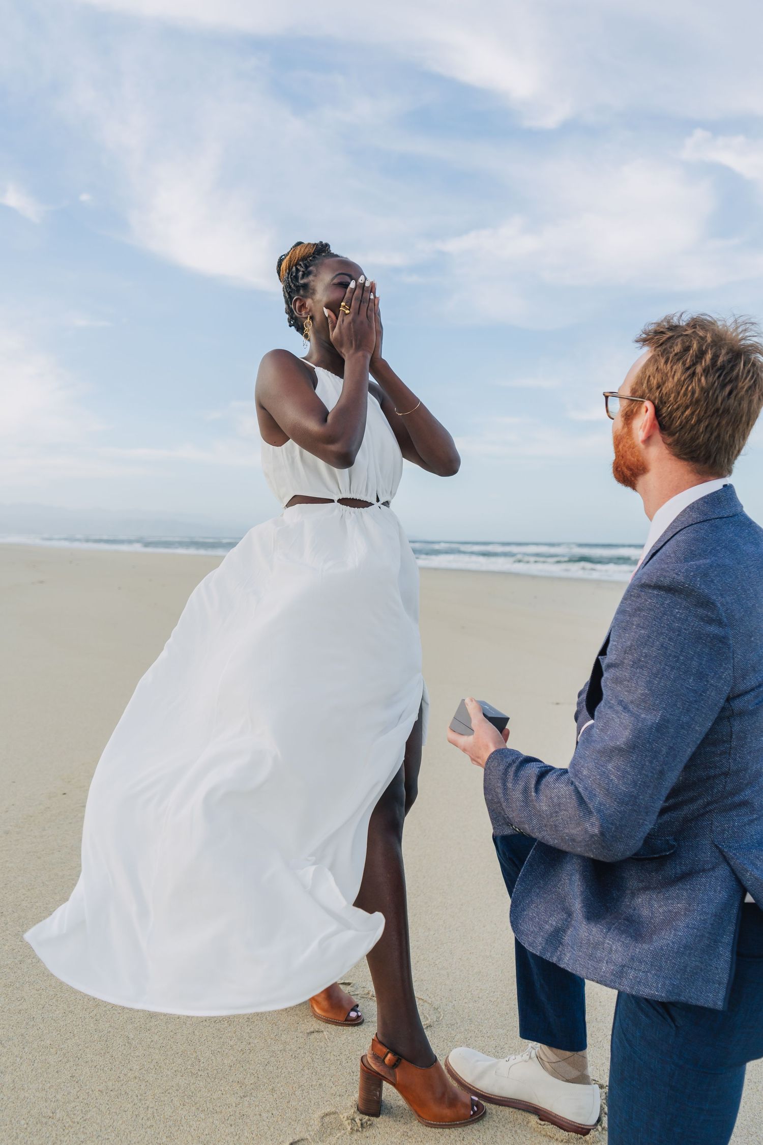 A romantic beach proposal moment captured in a sequence of photos showing anticipation and emotion.