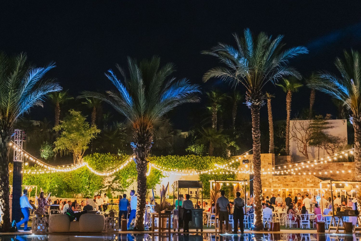 Nighttime outdoor venue with palm trees lit up and string lights creating festive atmosphere.
