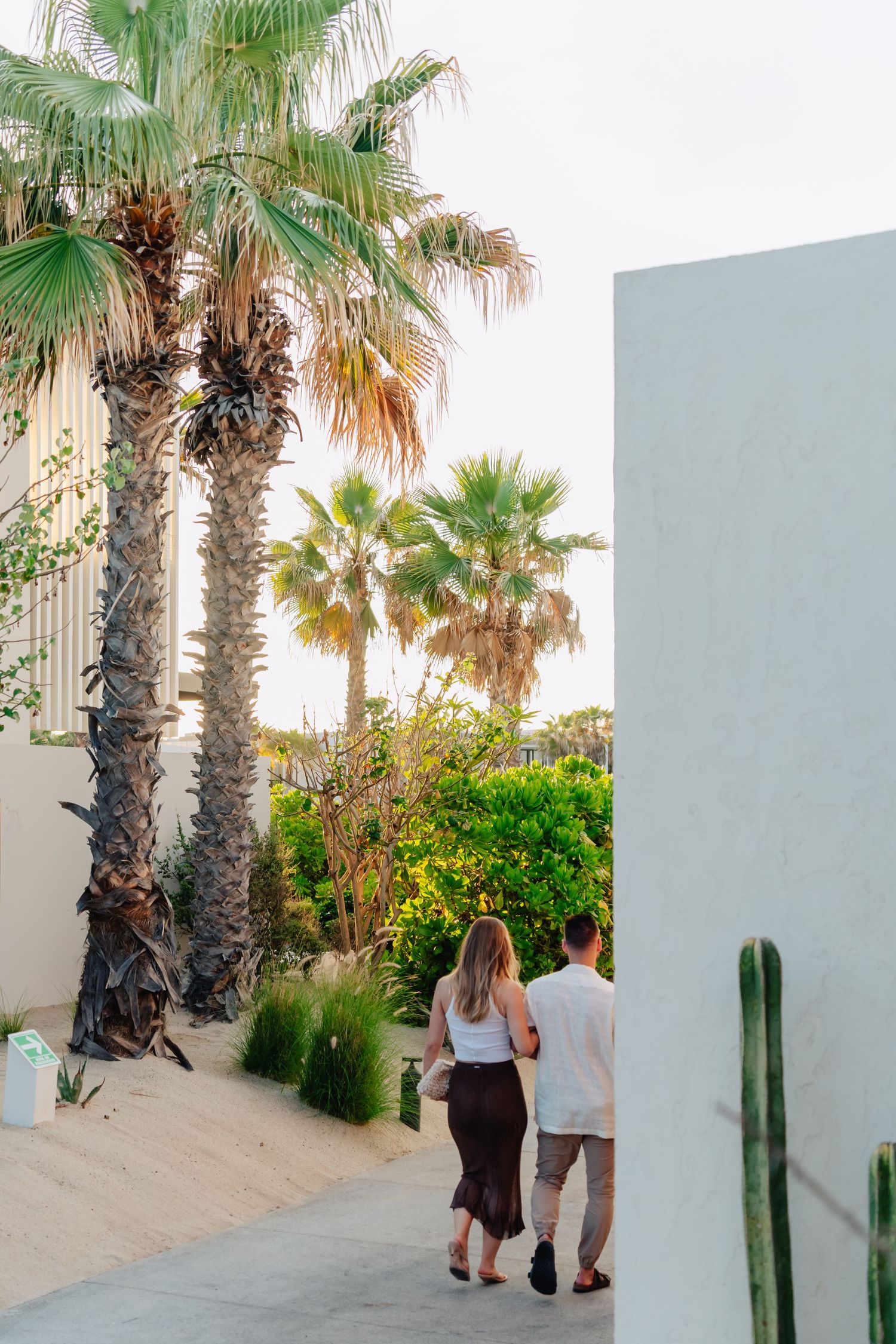 Couple walking along a sandy path lined with tall palm trees and white walls at a tropical resort during sunset.