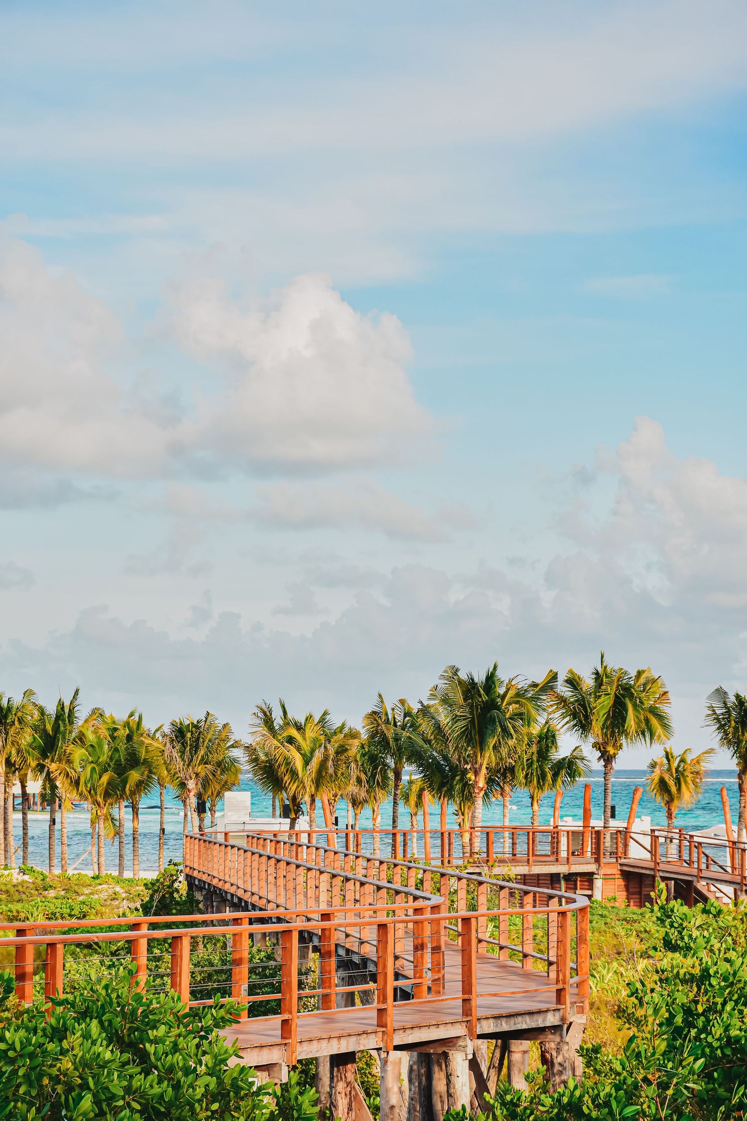 Wooden boardwalk pathway stretches along tropical beach with palm trees and blue ocean views on a sunny day.