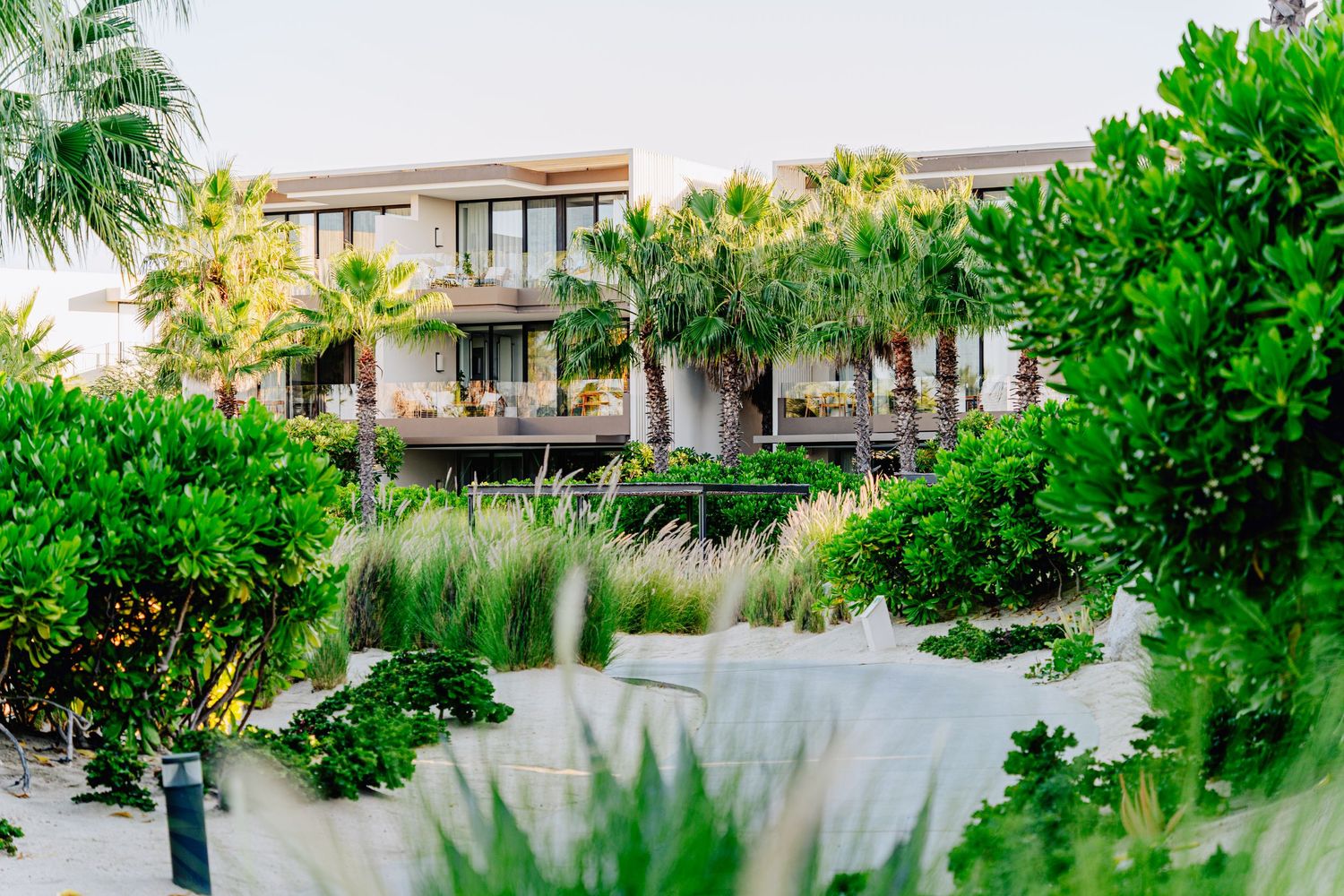 A panoramic view of a lush tropical garden with palm trees and greenery surrounding residential buildings.