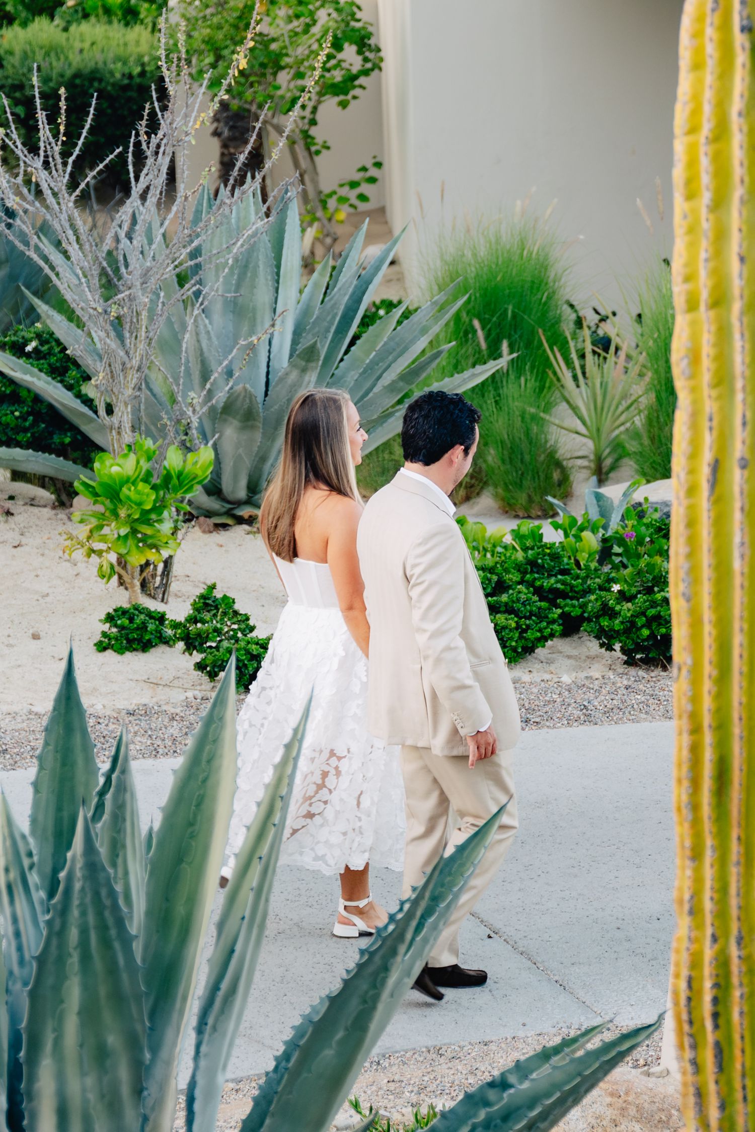 Couple walking through a desert garden with large agave plants and yellow pillars in an outdoor setting.