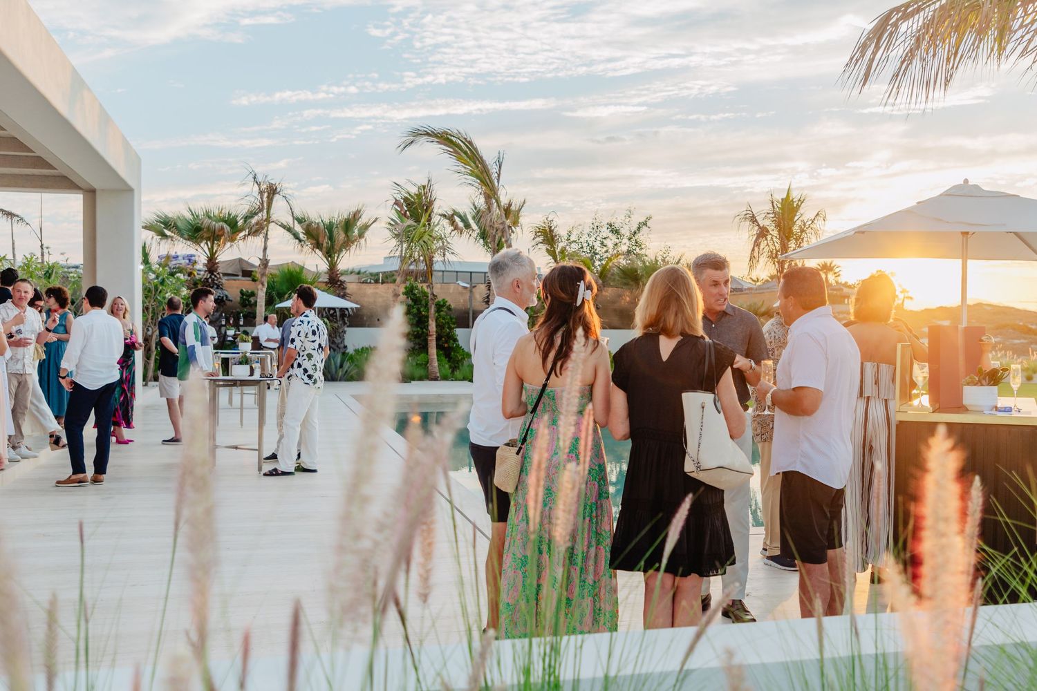 Collage of beach wedding scenes with palm trees, beachy decor, and guests celebrating at sunset.