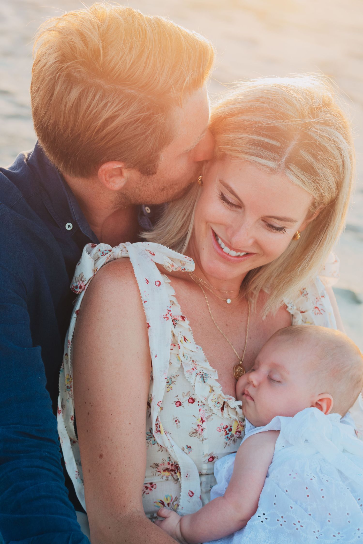 Tender family moment captured in a series of intimate beach portraits at sunset showing affection and connection.