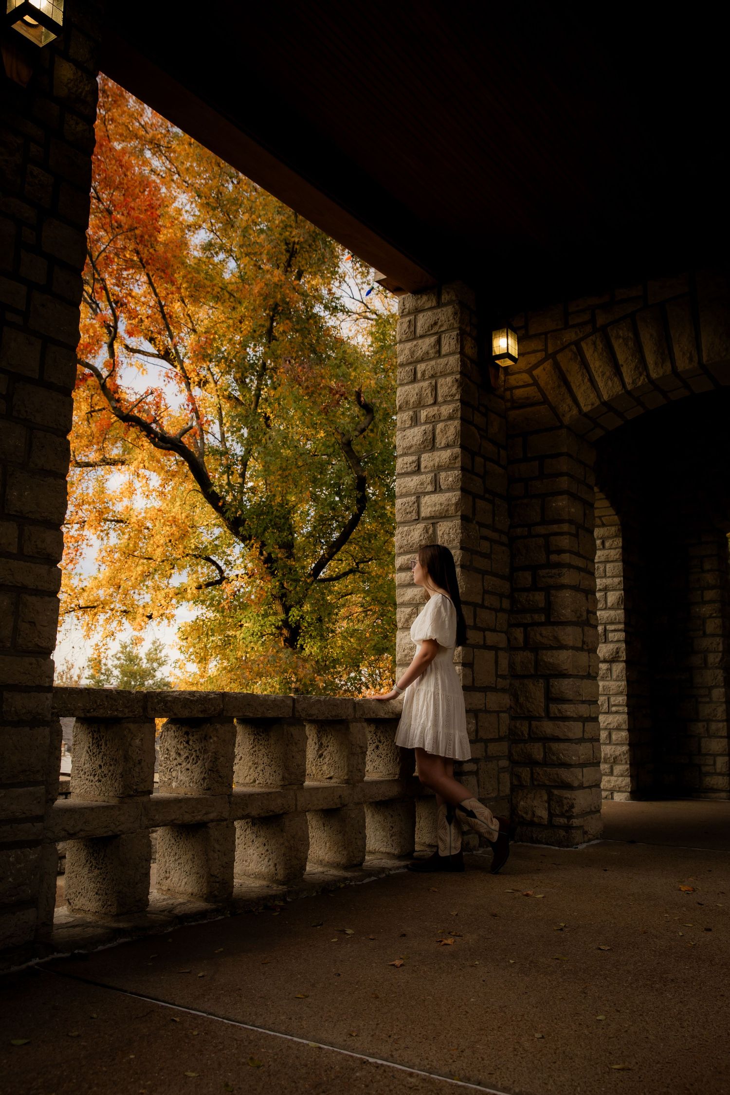 Girl looking out over fall view
