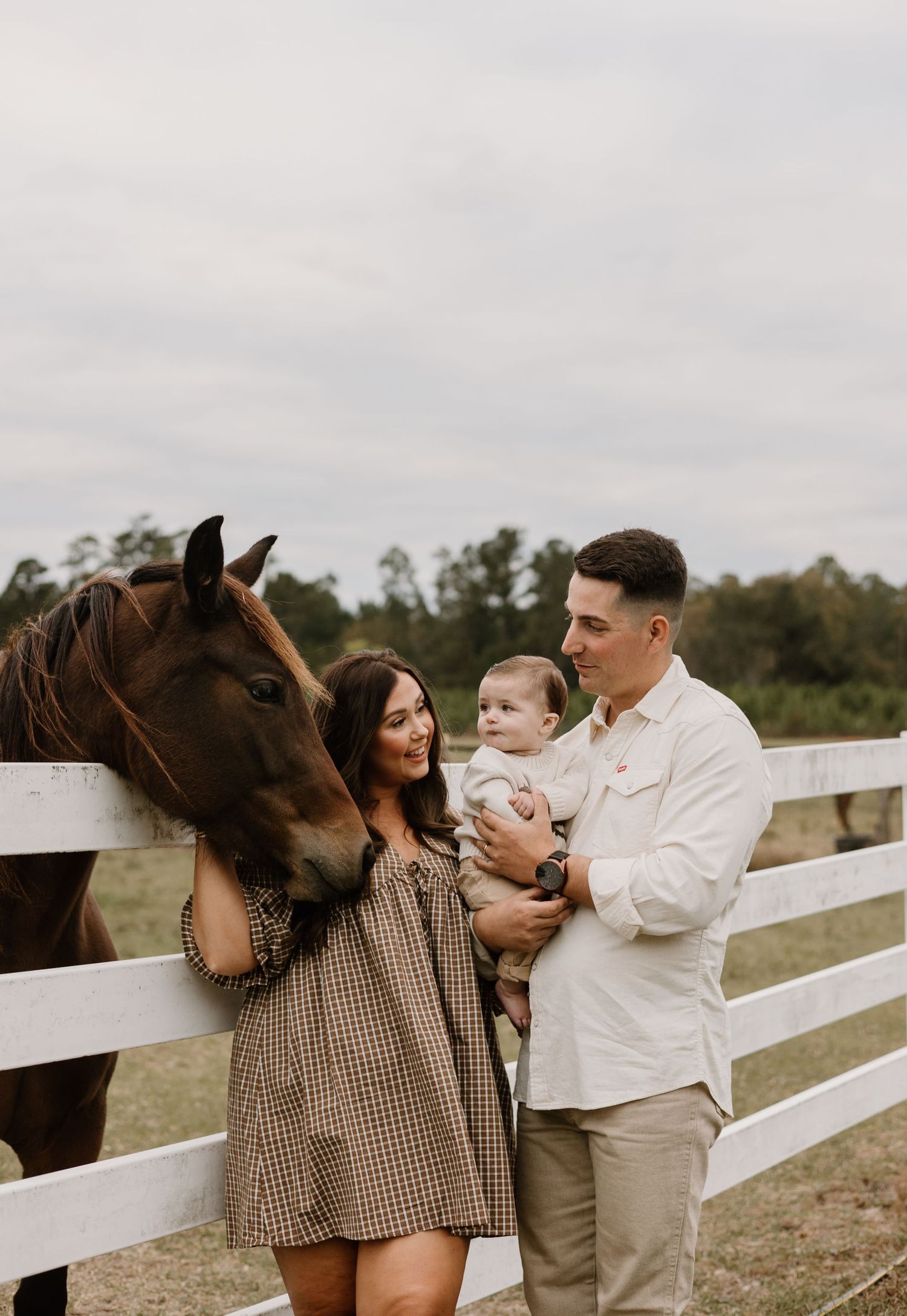 A family interacts with a brown horse at a white fence on a farm.