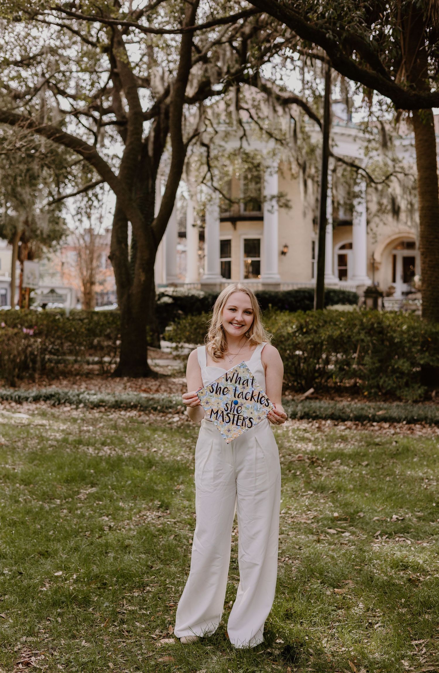 Series of outdoor portraits in a park with trees and buildings in background.
