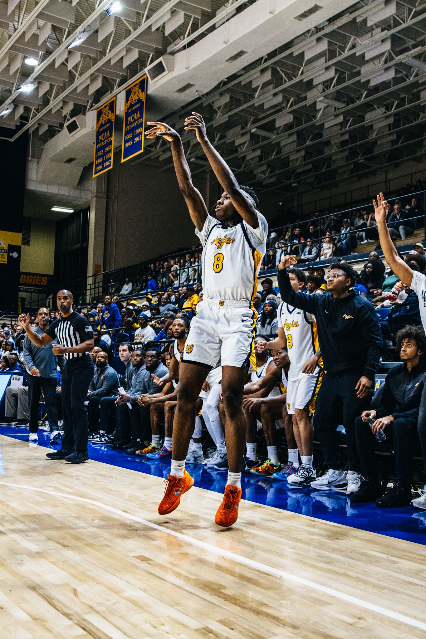 Basketball player in white jersey #8 jumps to shoot during an indoor college game with fans and teammates watching.