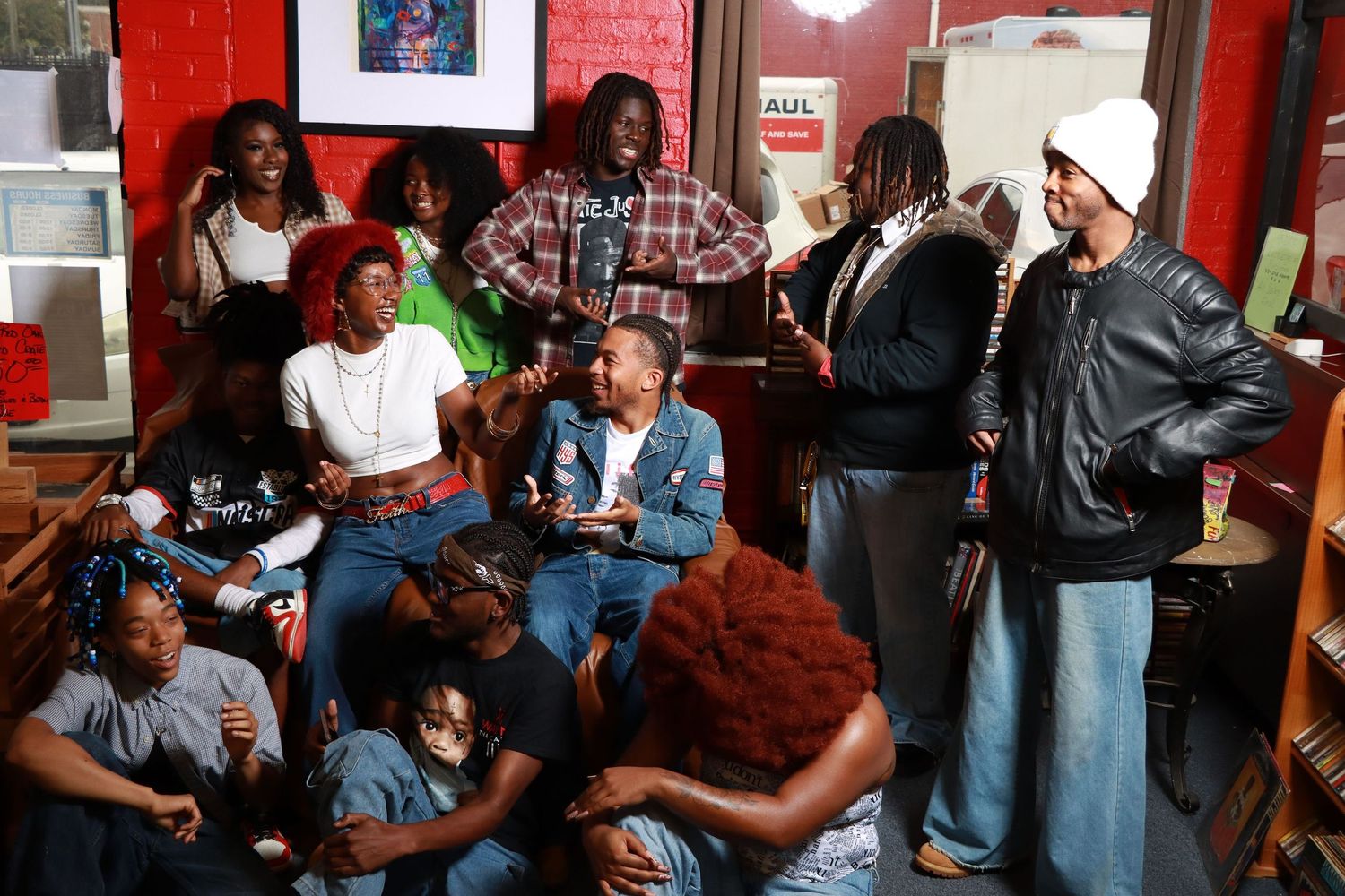 A series of candid party photos showing people socializing and dancing in a casual indoor setting.