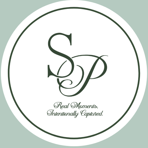 Elegant SP monogram logo with cursive text reading Real Moments, Intentionally Captured on mint background.