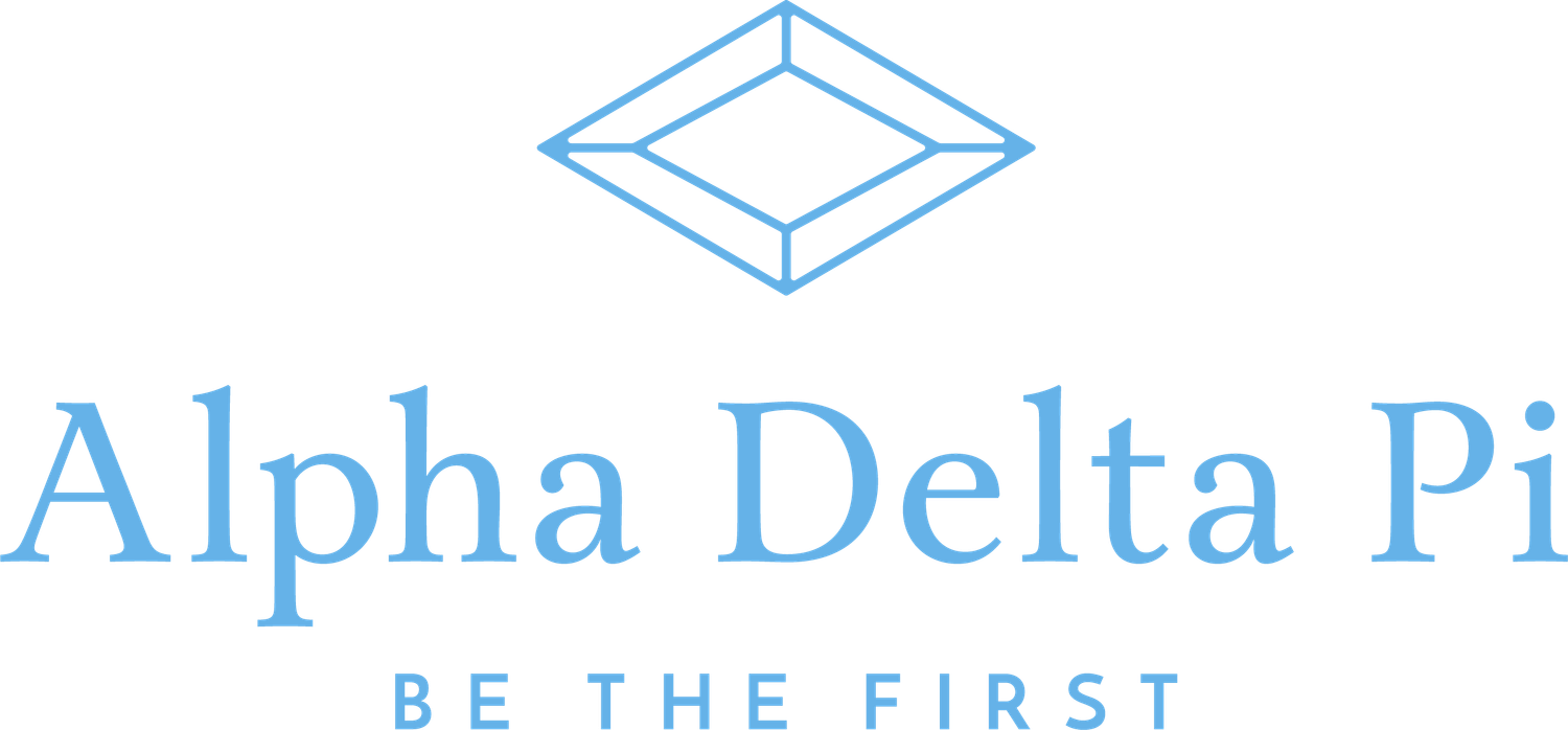Blue text logo for Alpha Delta Pi with Be The First tagline.