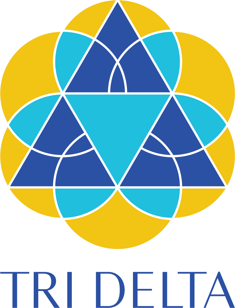 Decorative geometric pattern in yellow, blue and turquoise forming a horizontal border. Tri Delta Logo