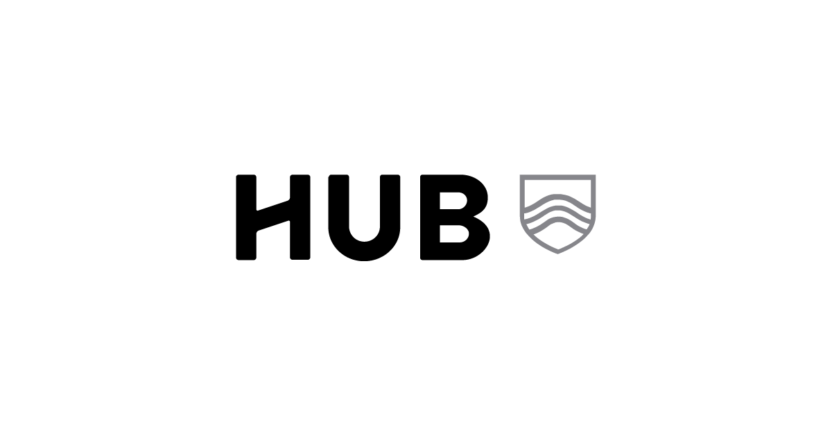 Black and white minimalist architectural logo design. The Hub apartment complex.