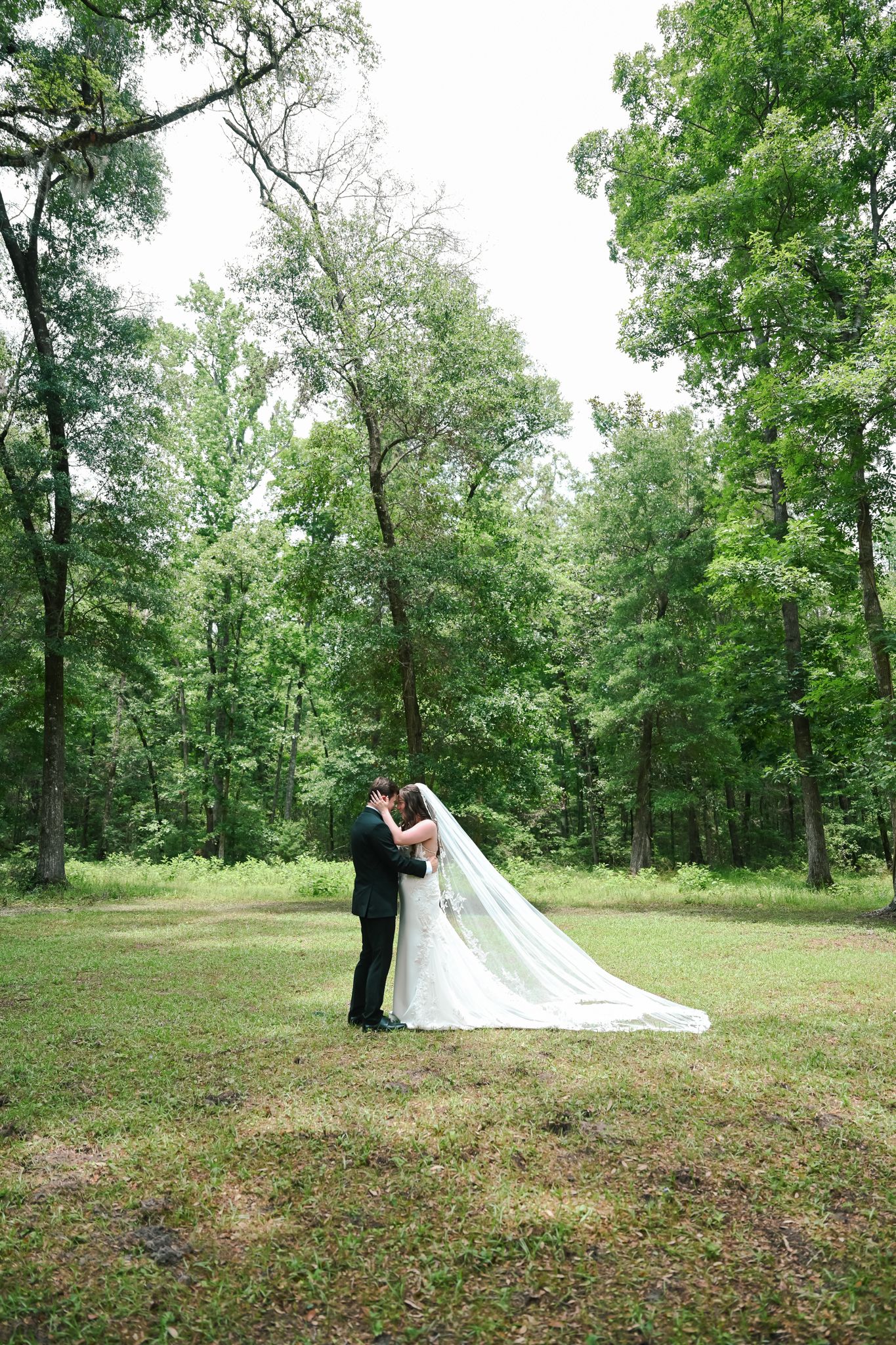 Bride and groom share a kiss in a lush green forest clearing, with the bride's long veil flowing behind her.