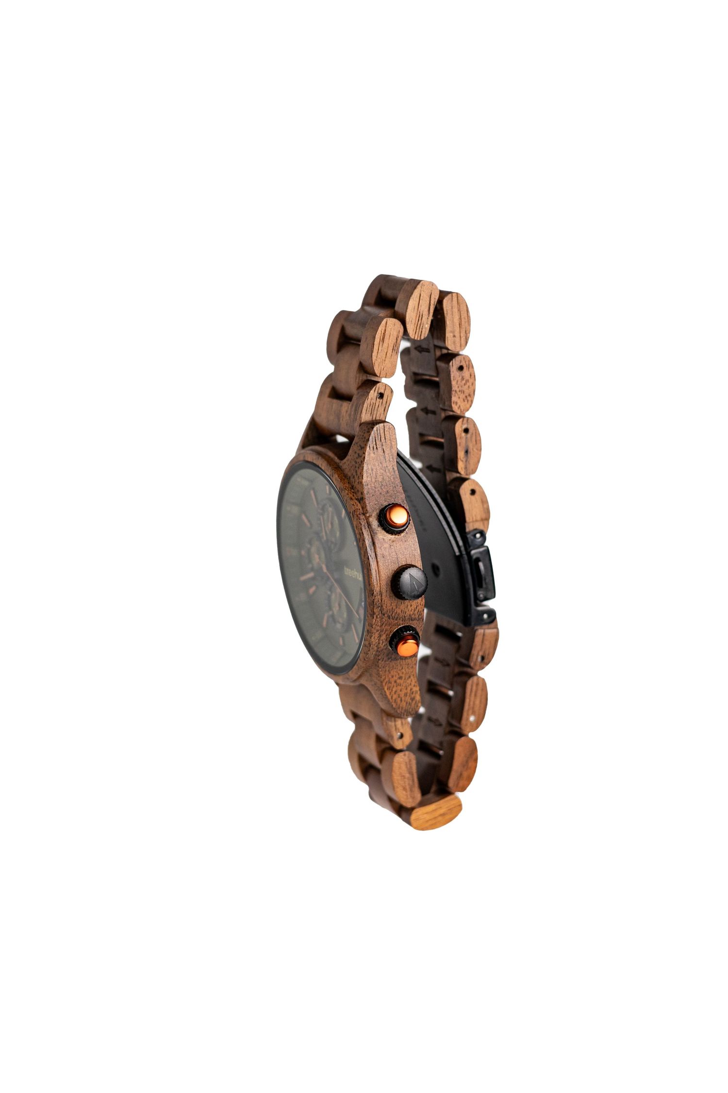 Side view of wooden watch showing link bracelet construction and green dial face.