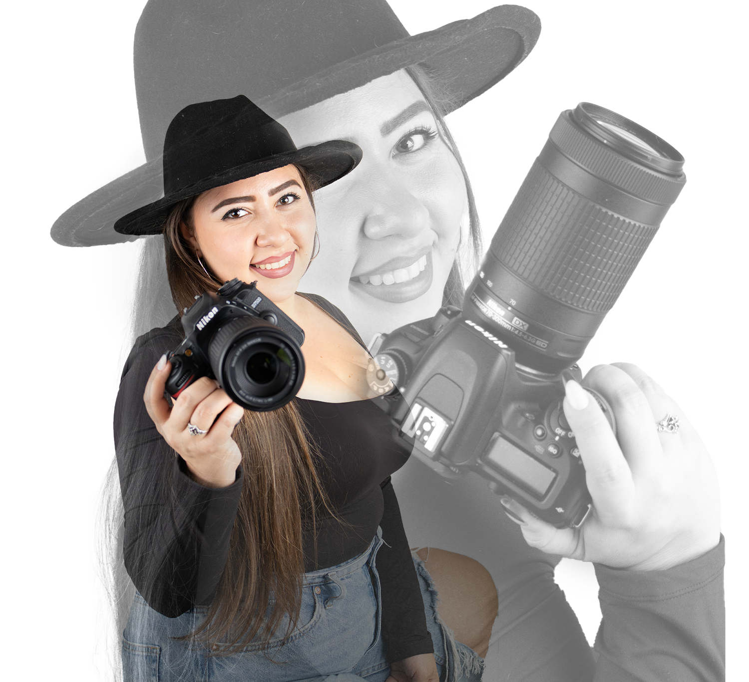 Portrait of photographer with camera and artistic shadow overlay effect.
