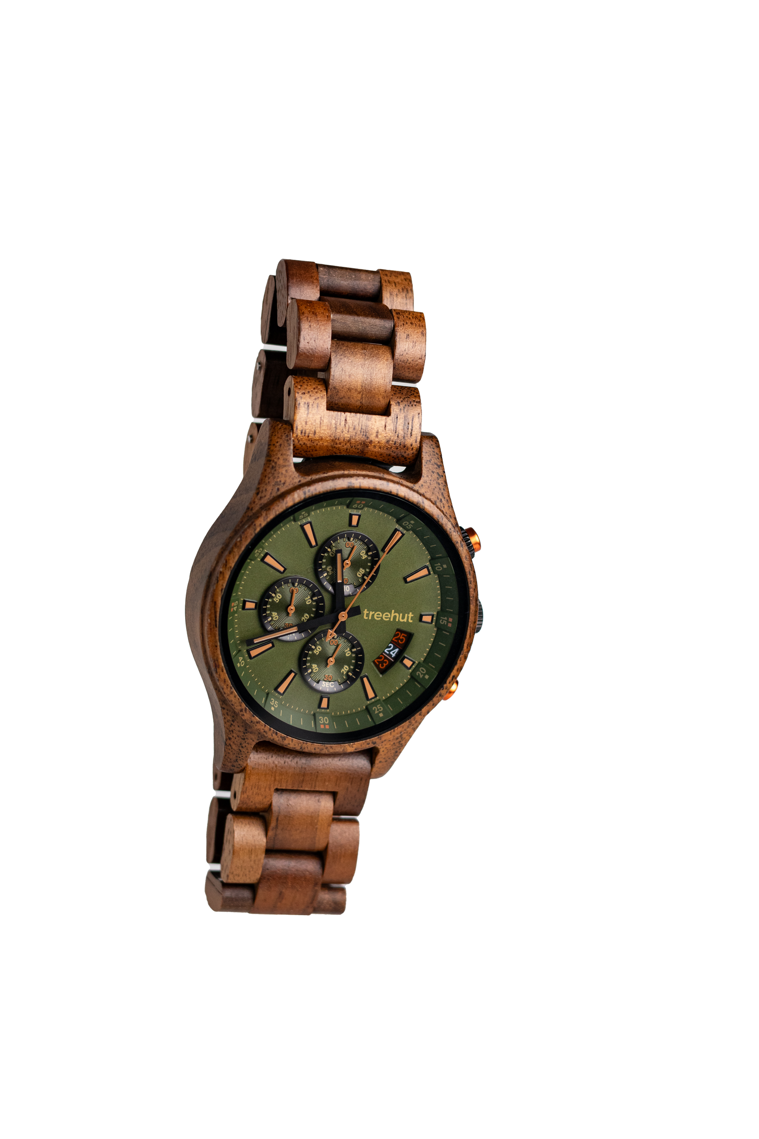 Stylish wooden wristwatch with green dial shown from multiple angles displaying its natural wood band and chronograph design.