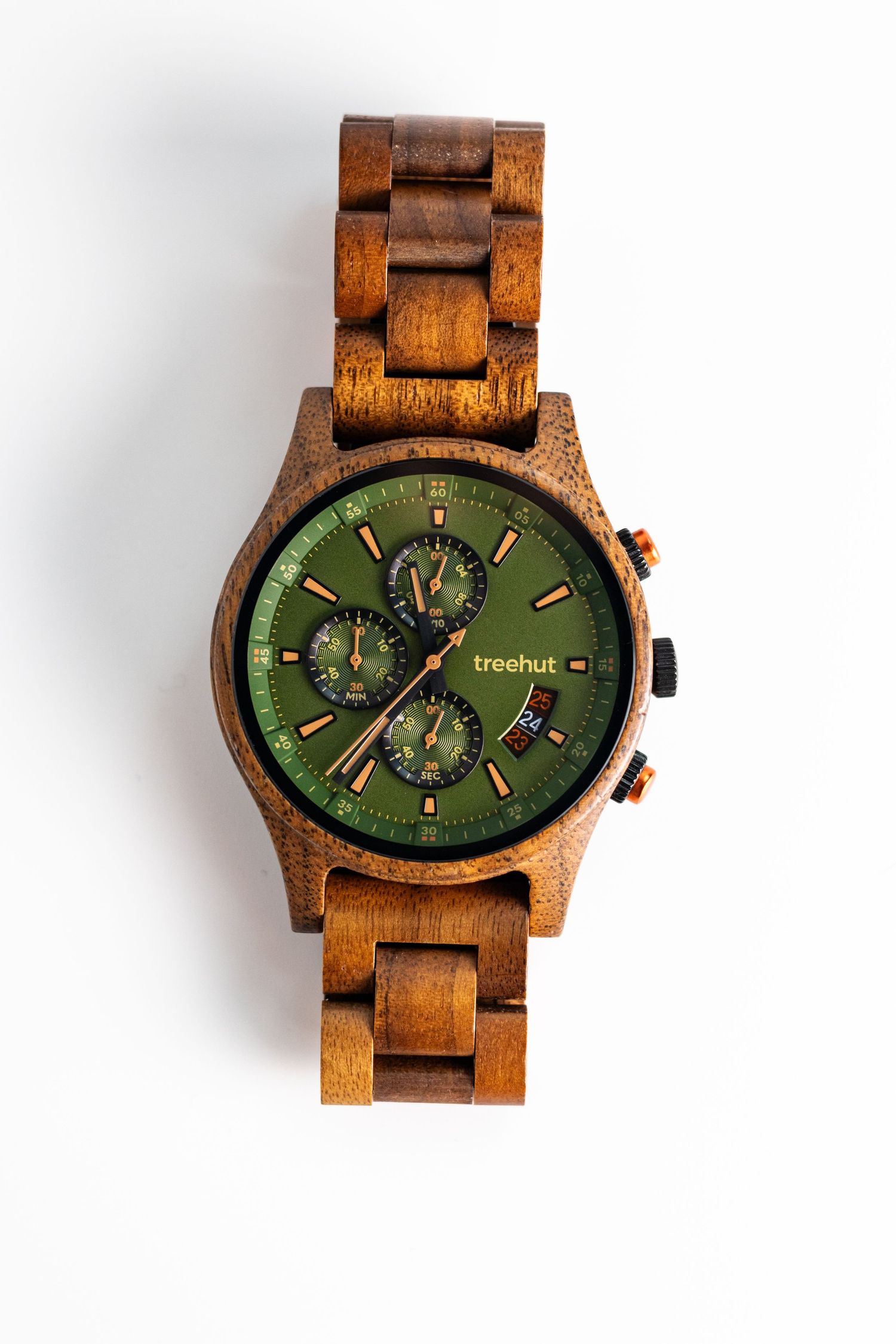 Wooden chronograph watch with green dial shown at different angles on white background.