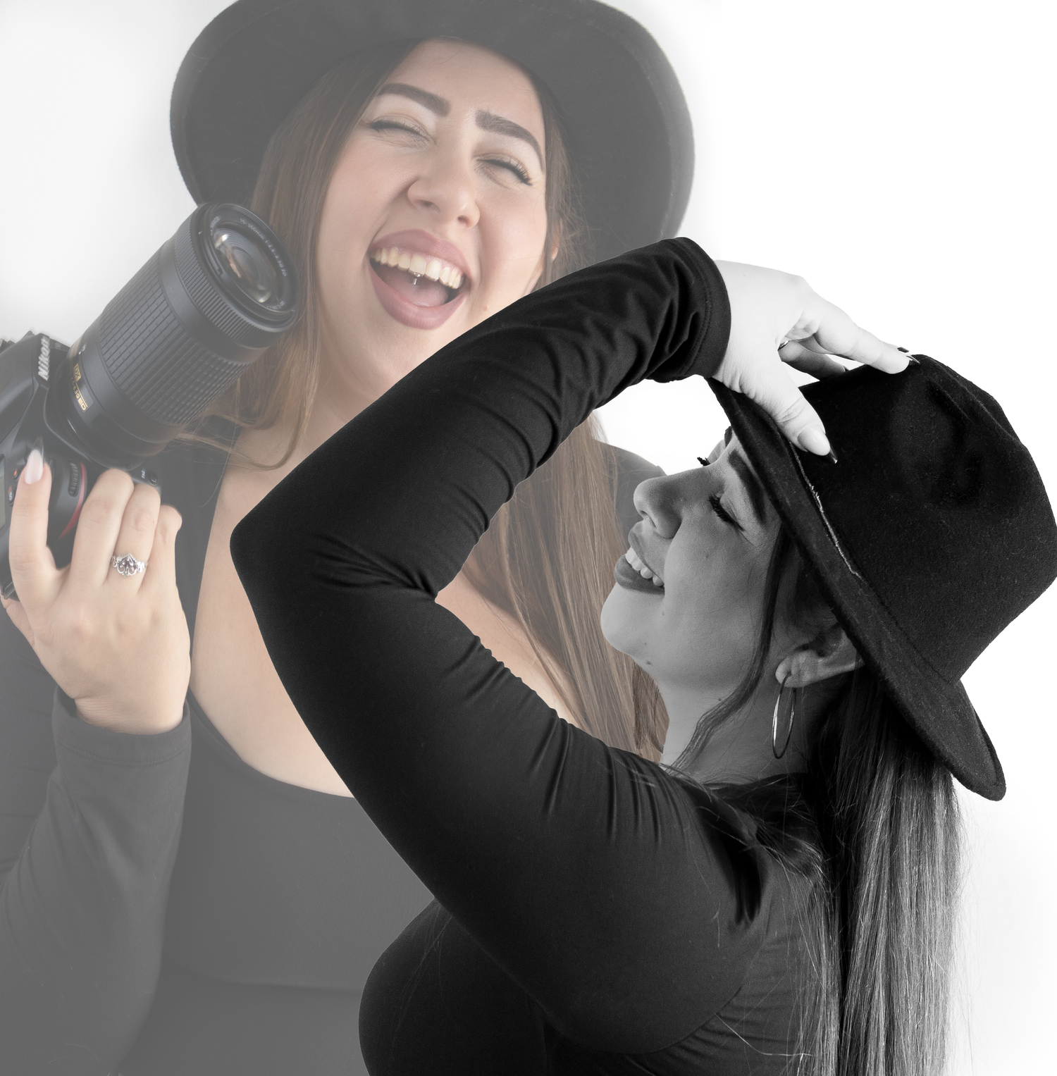 Creative double exposure portrait of photographer with camera in black and white.