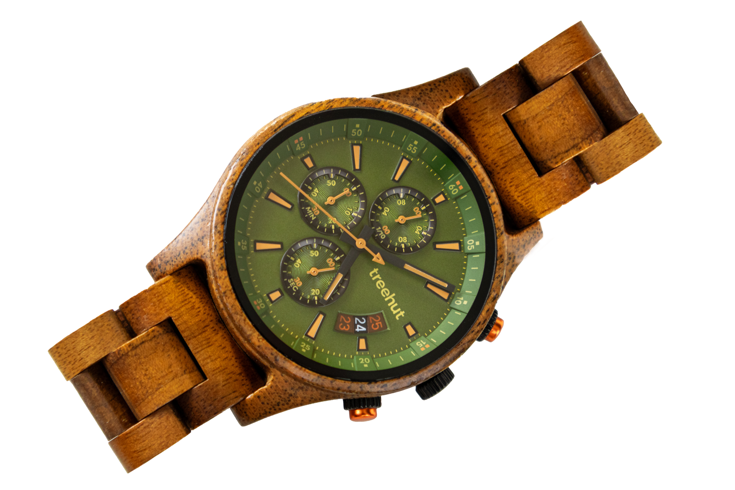 Wooden chronograph watch with green dial and wooden link bracelet on white background.