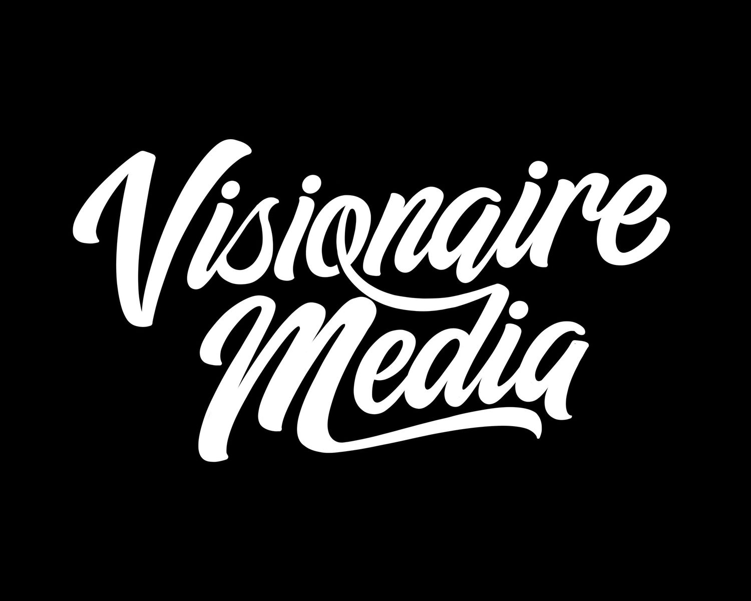 Visionaire Media logo in white stylized script lettering on a bold black background.