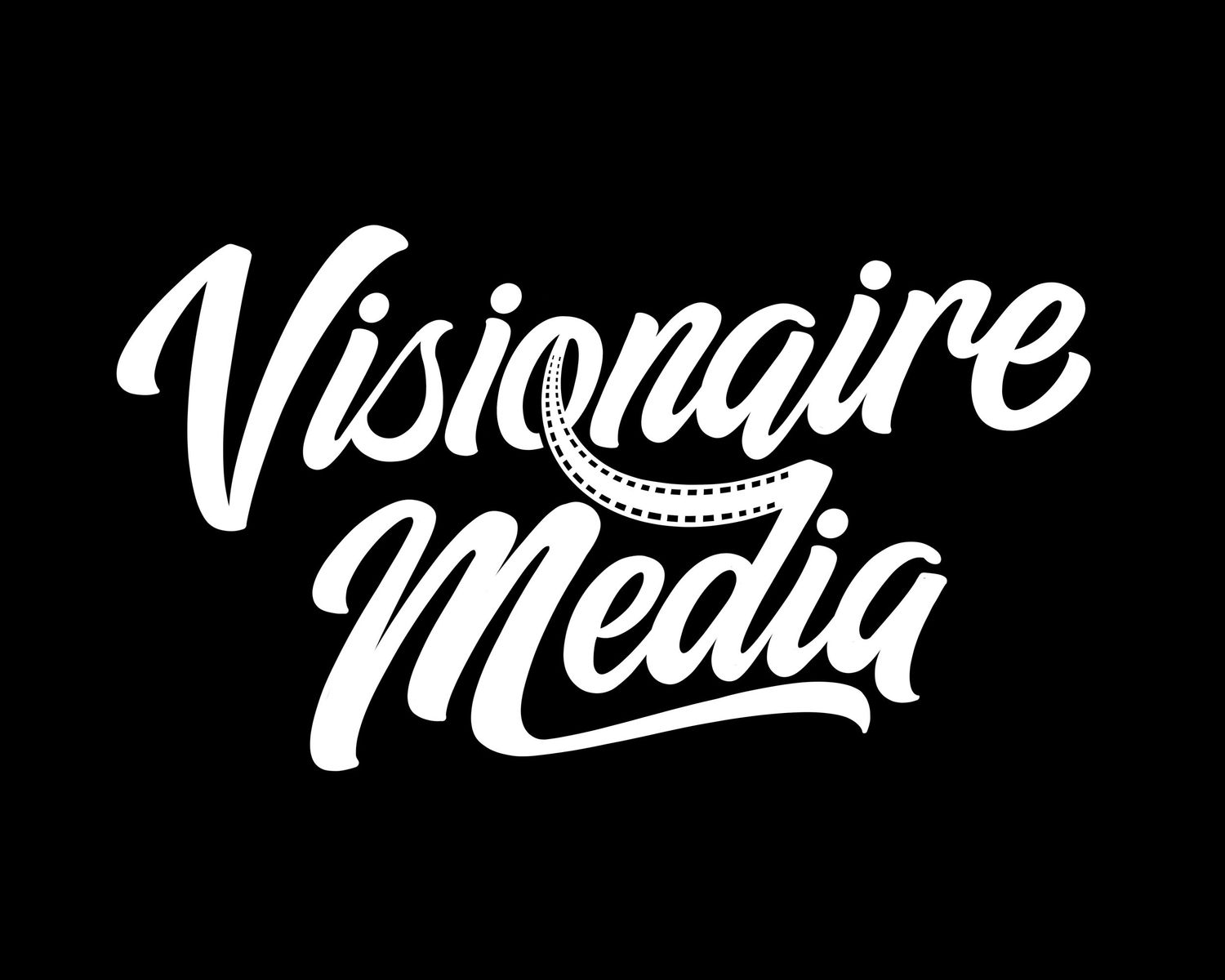 Visionaire Media logo in white stylized script lettering on a bold black background.