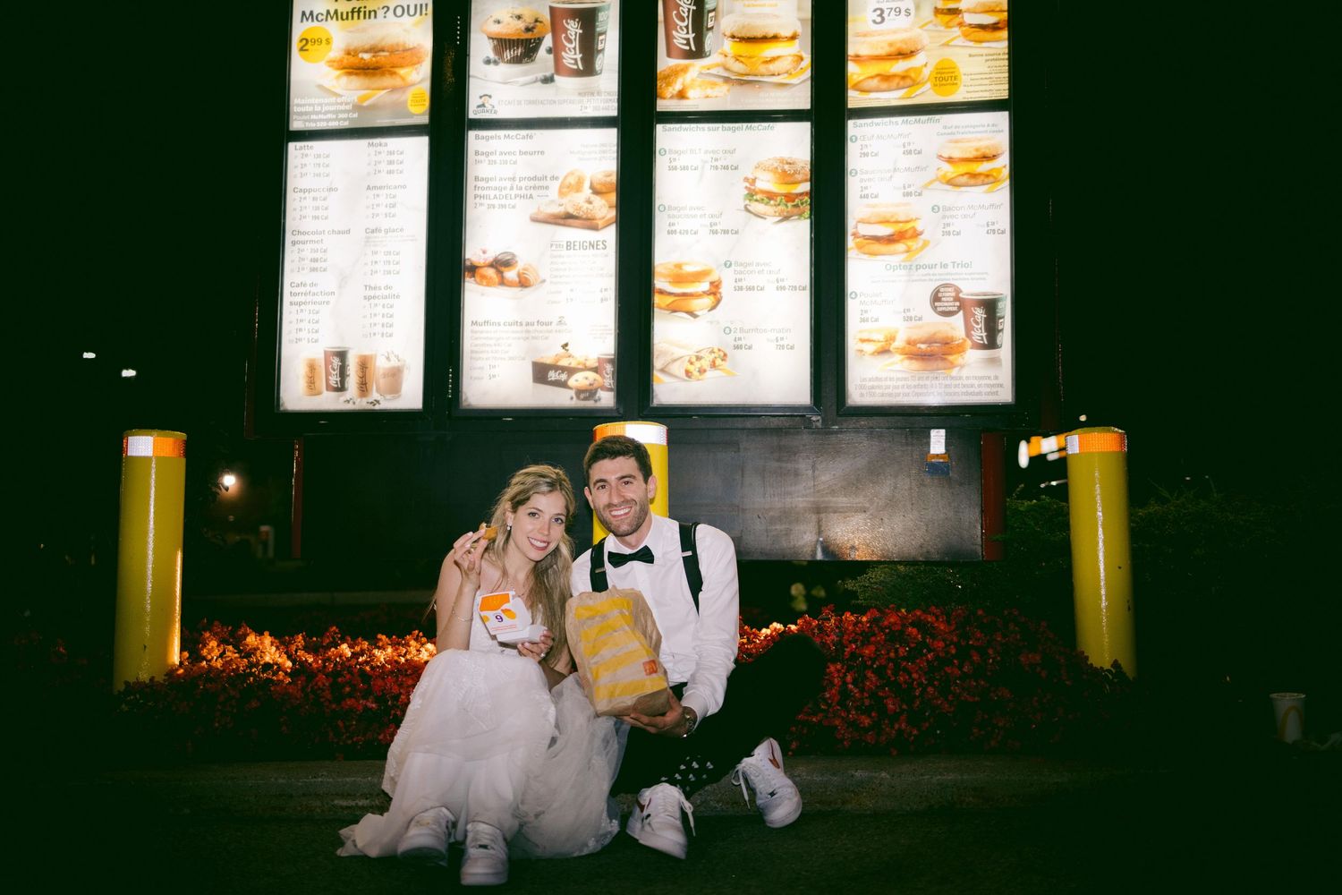 Late night visit to a fast food drive-through after a formal event.