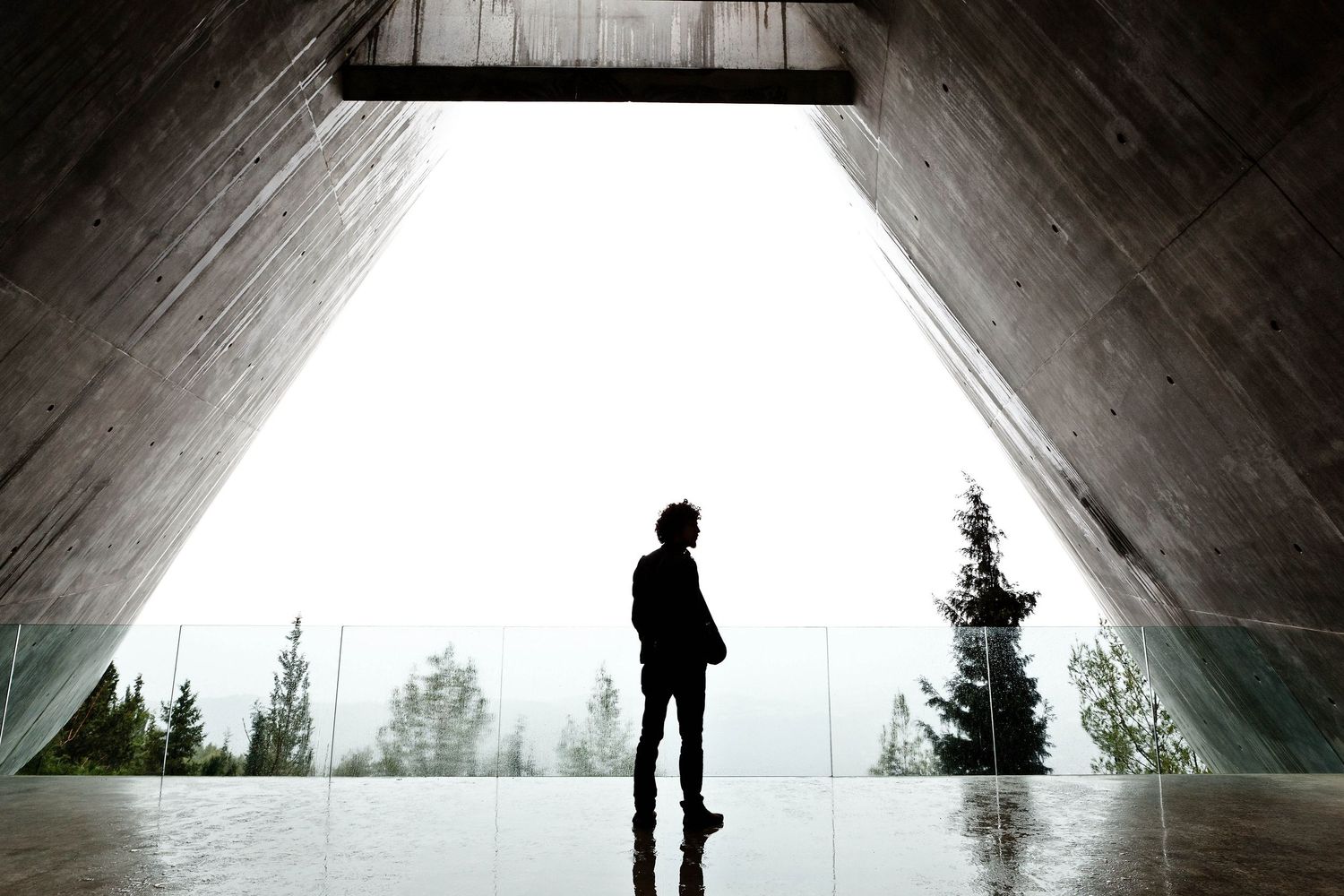 Silhouette of person standing in concrete tunnel opening with misty forest view.