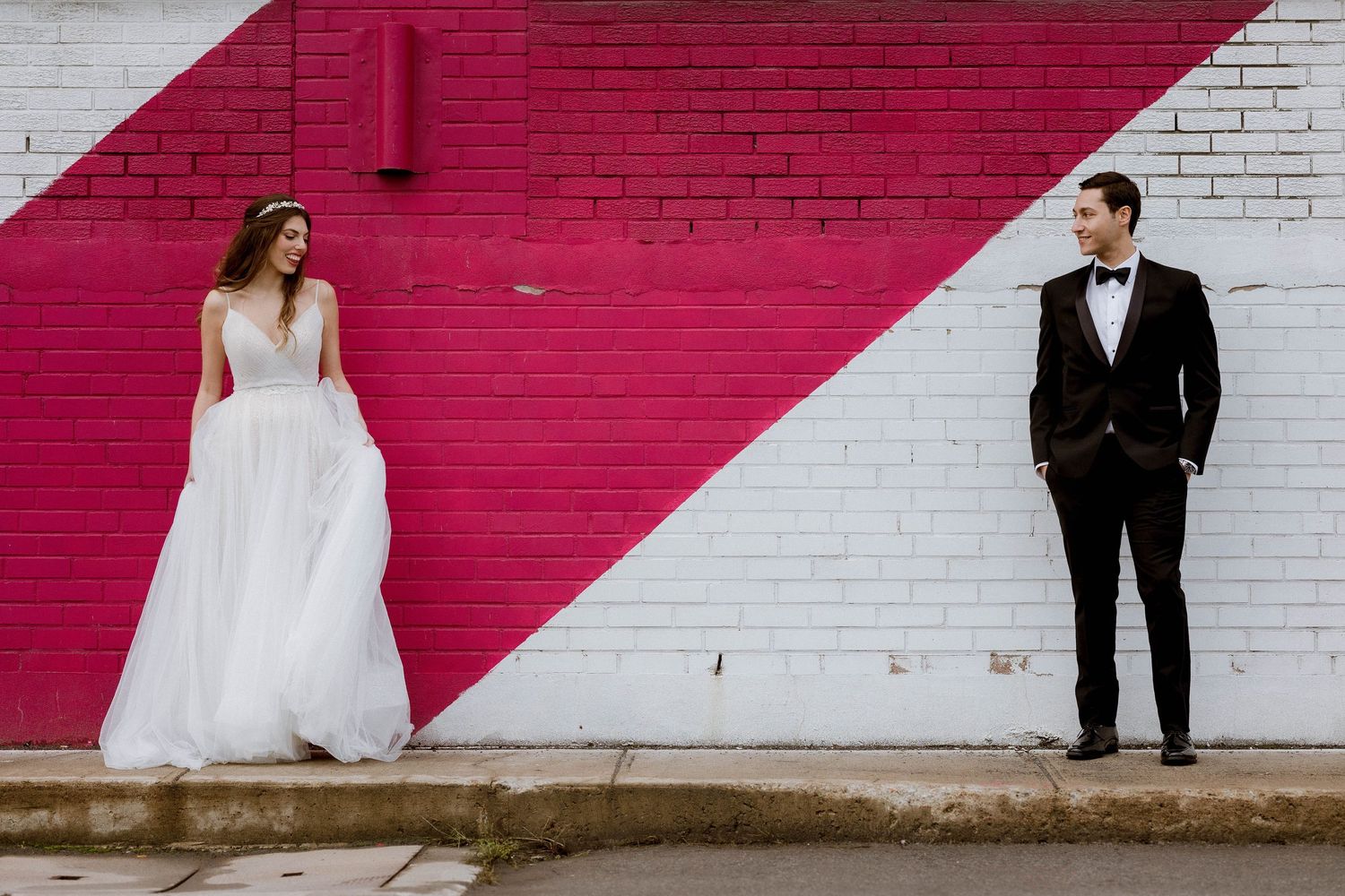 Wedding photo series against pink and white wall showing couple in formal attire.