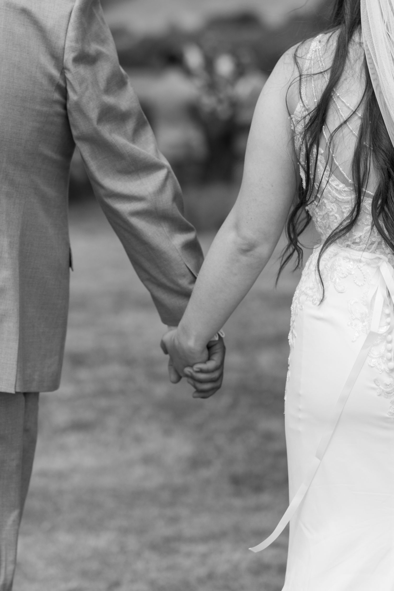 Close Up of Bride and Groom holding hands, and walking away from the camera.